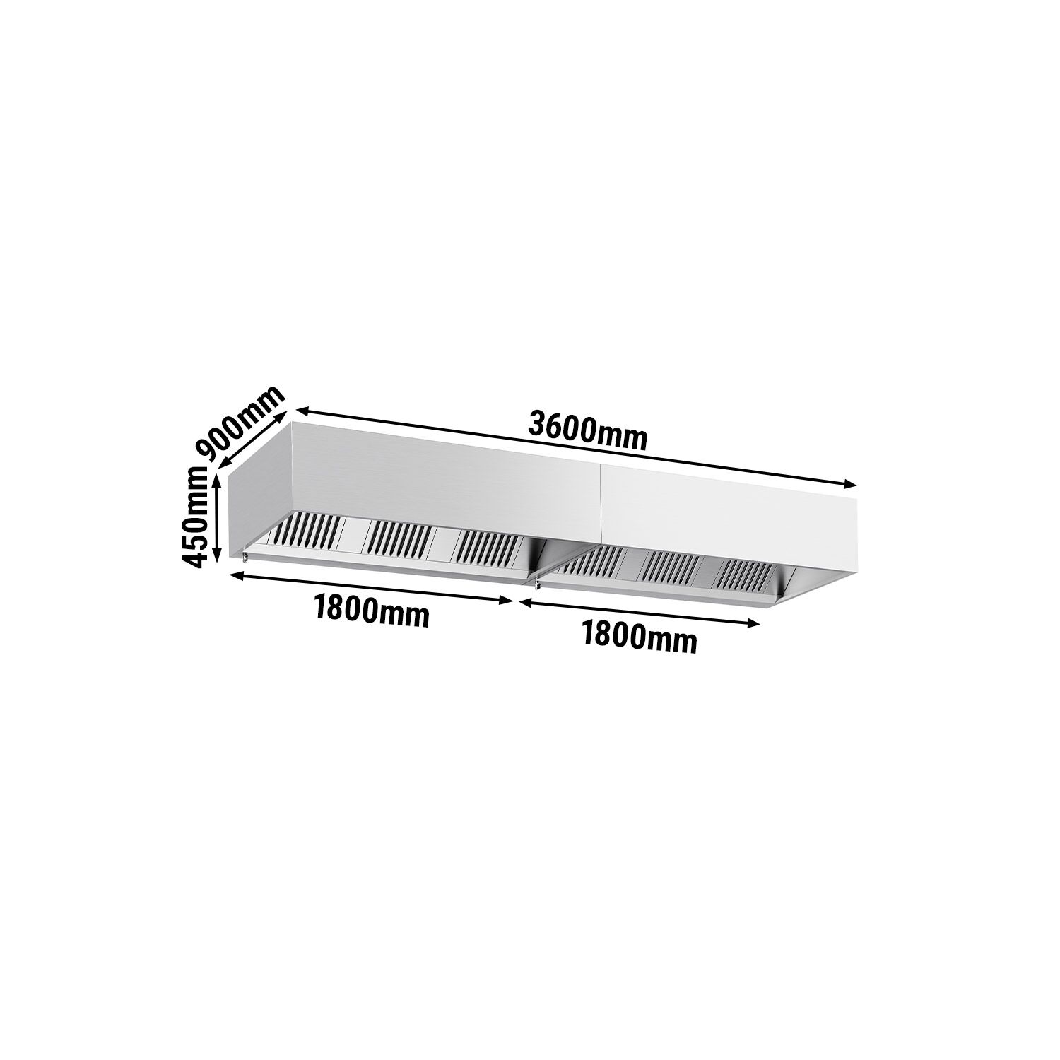 Hotte à adosser professionnelle - Profondeur 900 - 3600mm - sans moteur - avec filtres et éclairage