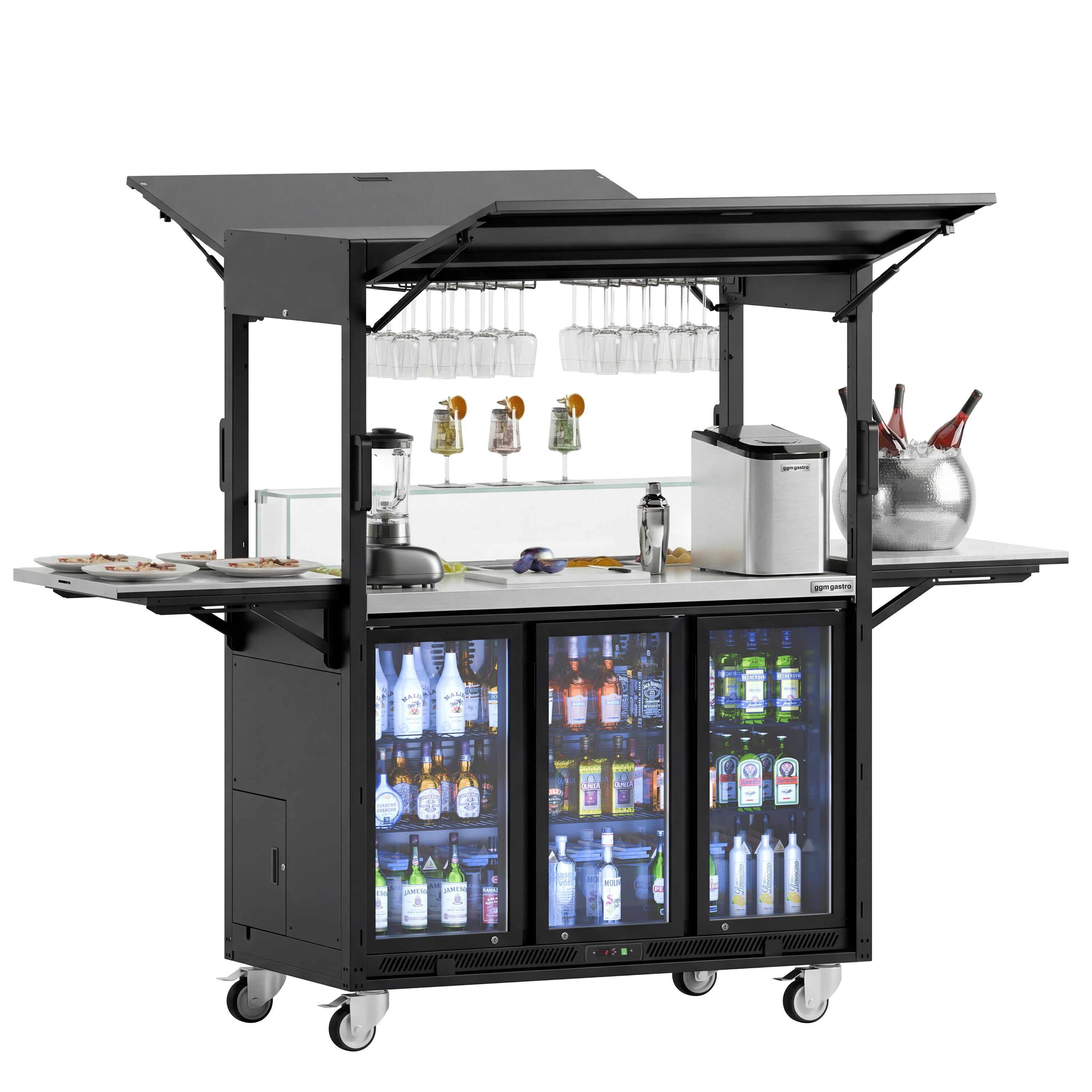 Station de cocktail mobile – avec réfrigérateur de bar, plan de travail, porte-verres et éclairage LED – rabattable