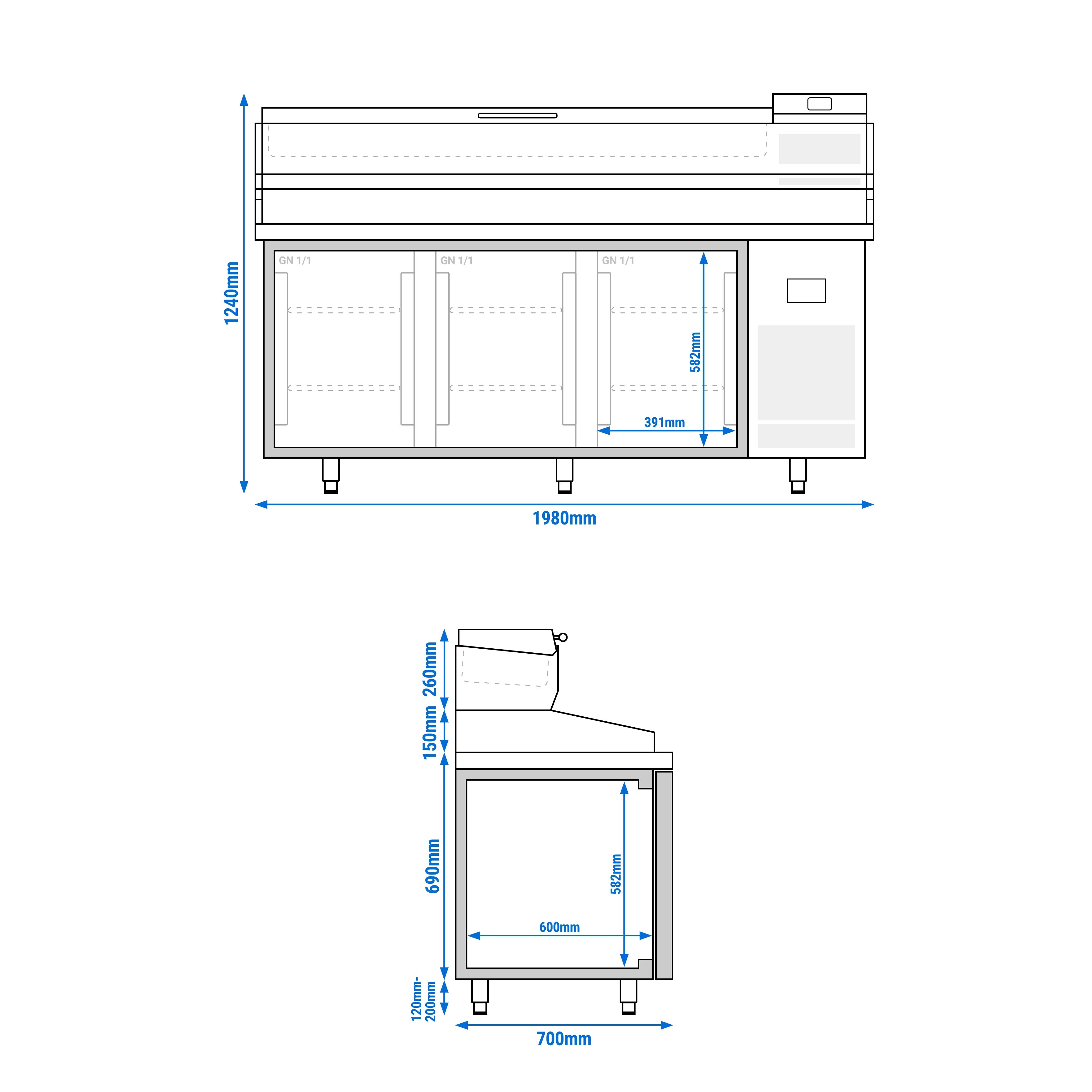 Table réfrigérée à pizza Premium PLUS - 1980 x 700 mm - avec 3 portes - incl. vitrine réfrigérée de présentation - 9x GN 1/4