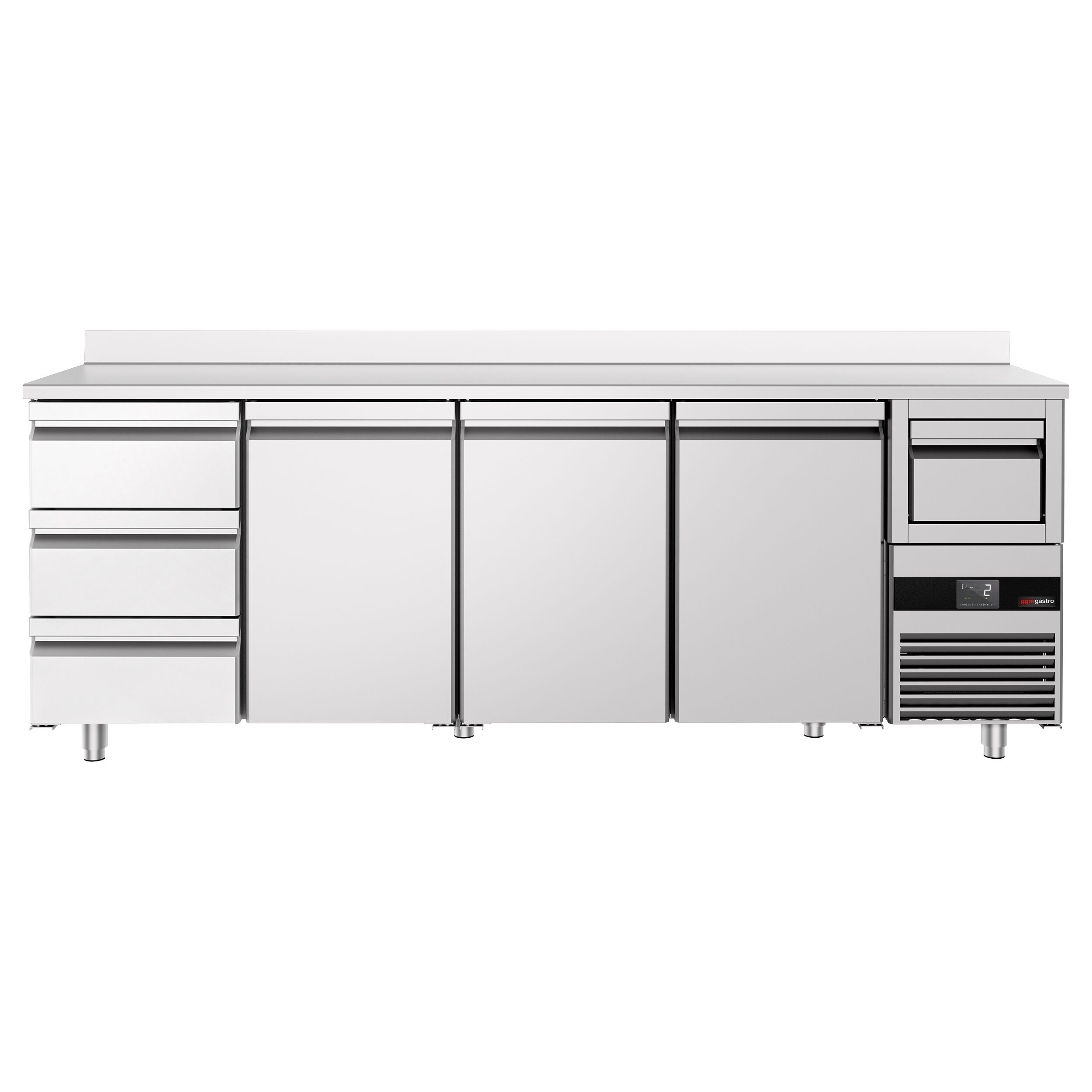 Arrière-bar réfrigéré professionnel PREMIUM - 2690 x 600 mm - avec 3 portes et 3 tiroirs - avec dosseret - avec tiroir à marc de café