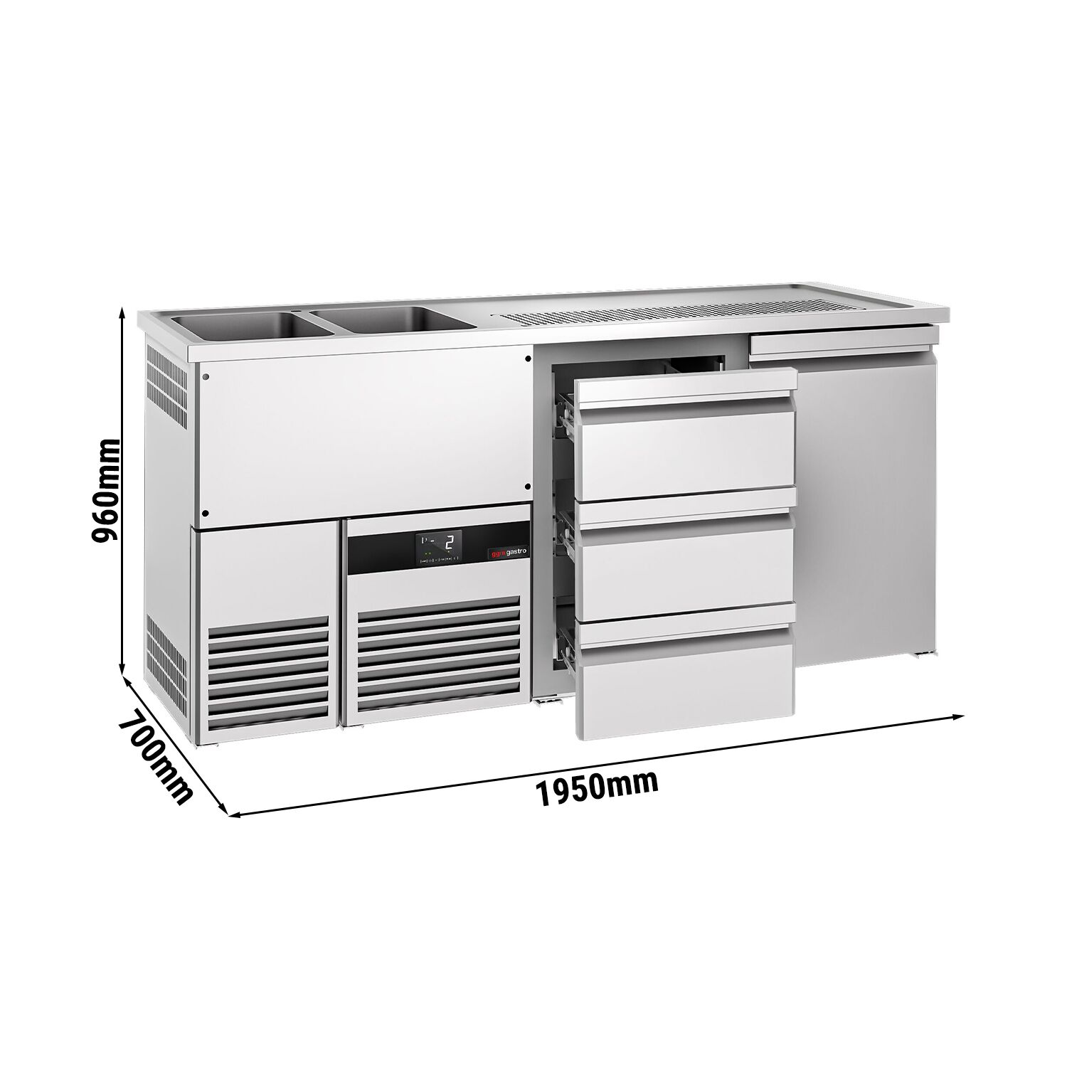 Comptoir de bar réfrigéré PREMIUM - 1950x700mm - 1 porte & 3 tiroirs