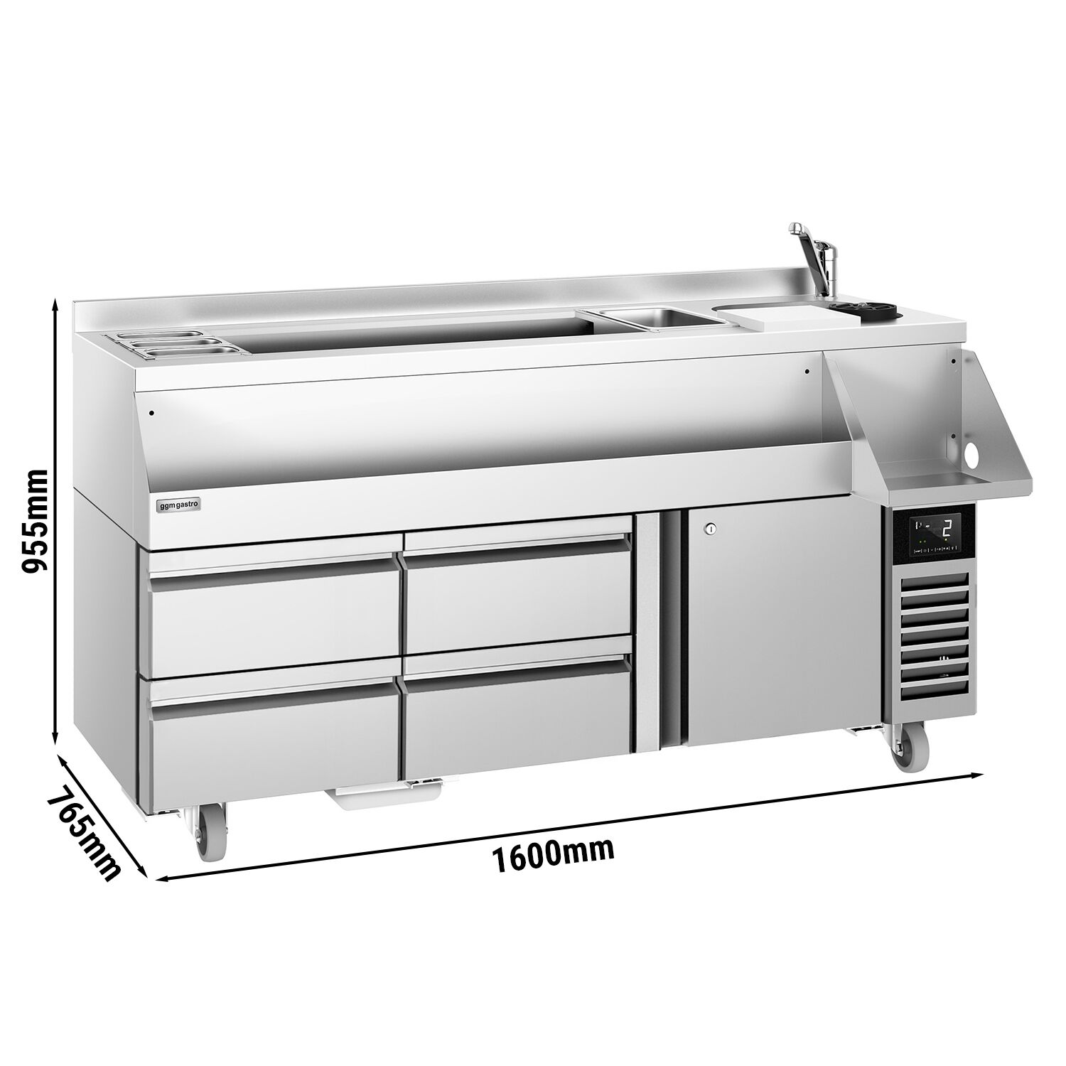 Barowy stół chłodniczy - 1600mm - 235L - 1 drzwi, 4 szuflada[y] - 230V