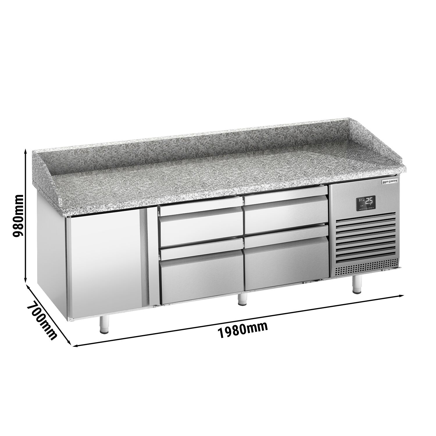 Commercial Pizza Prep Counter - Granite Top PREMIUM PLUS - 1980x700mm - with 1 doors & 4 drawers