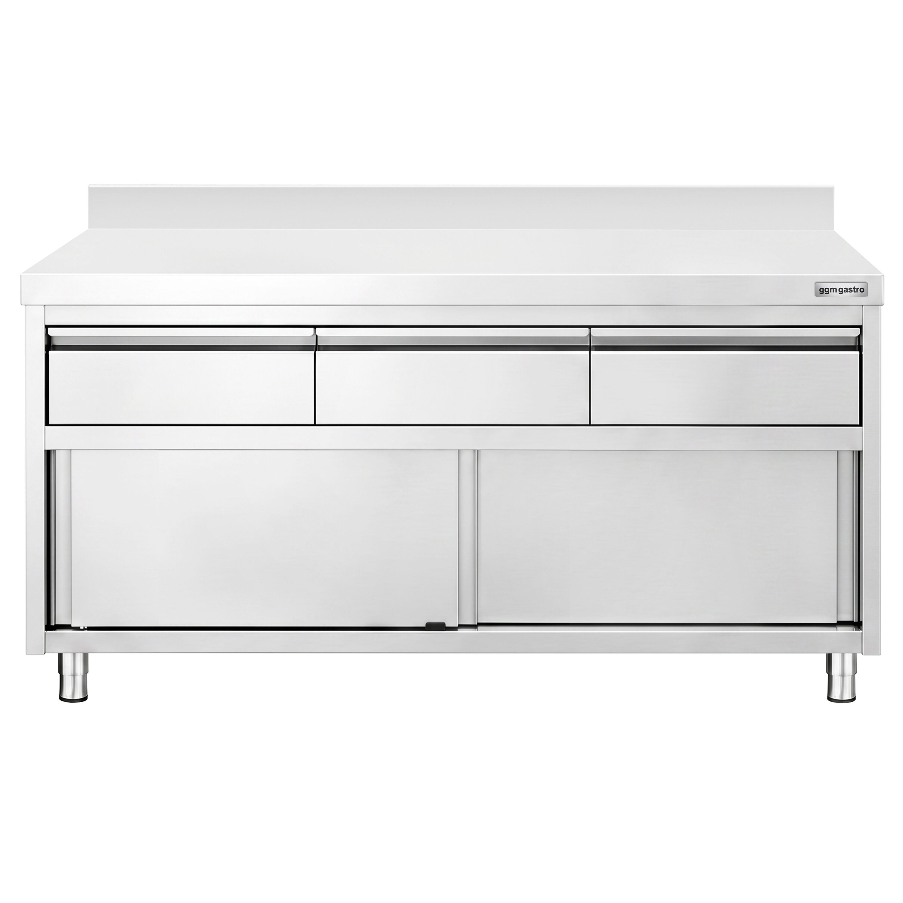 Armoire de travail en acier inoxydable PREMIUM - 1 600 x 600 mm - avec rebord - avec 3 tiroirs et une porte coulissante