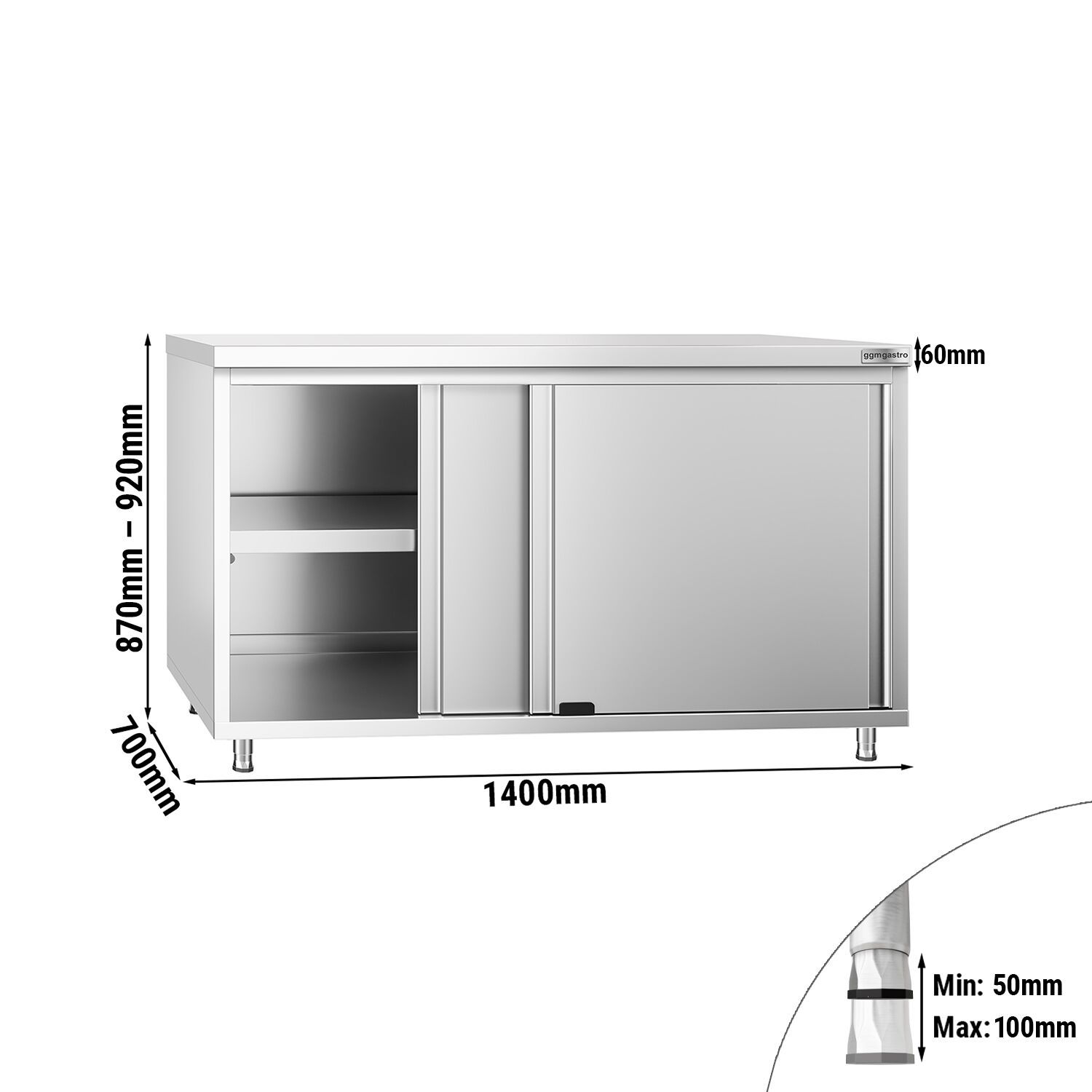 Edelstahl Arbeitsschrank PREMIUM - 1400x700mm - mit Schiebetür
