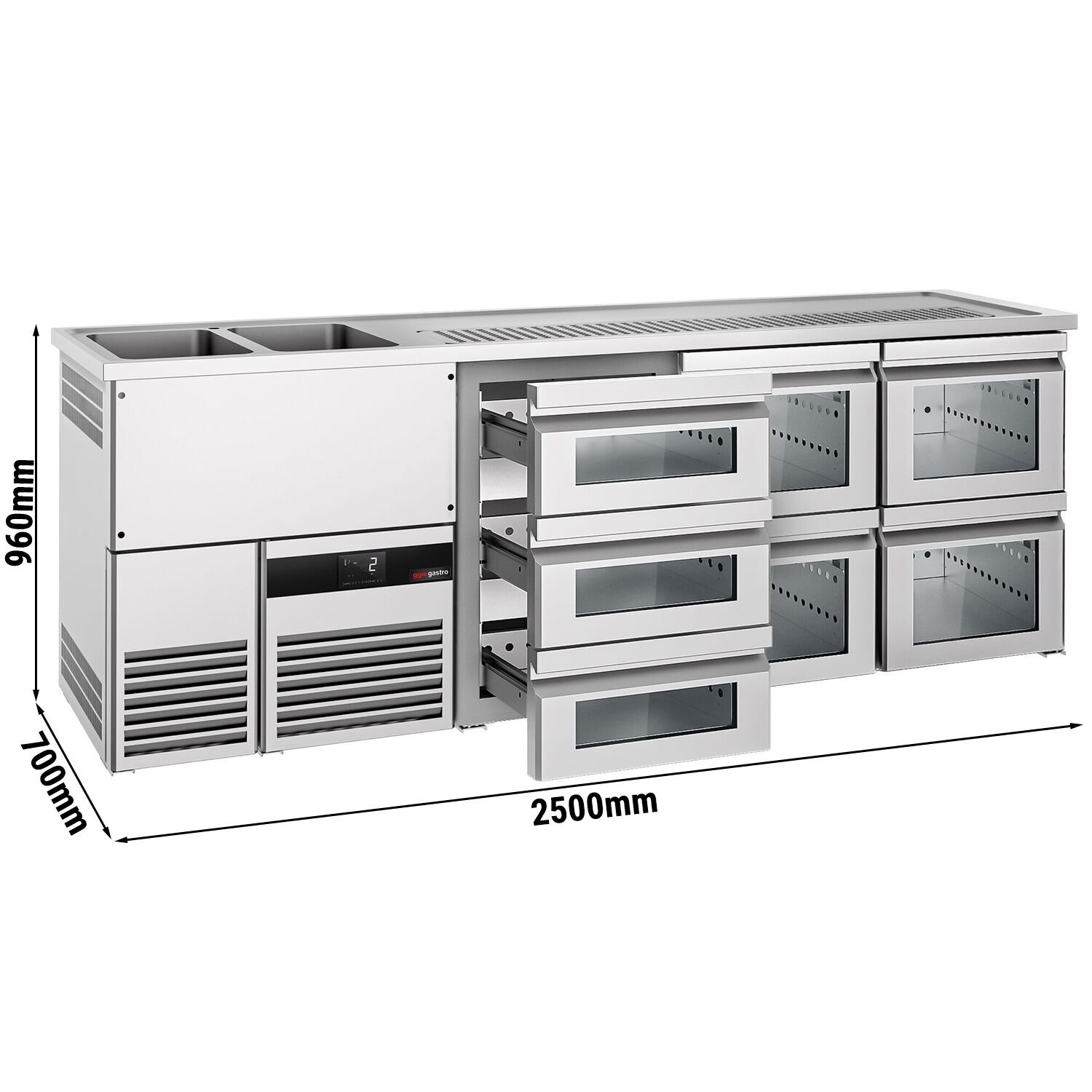 Comptoir de bar réfrigéré PREMIUM - 2500x700mm - 7 tiroirs en verre