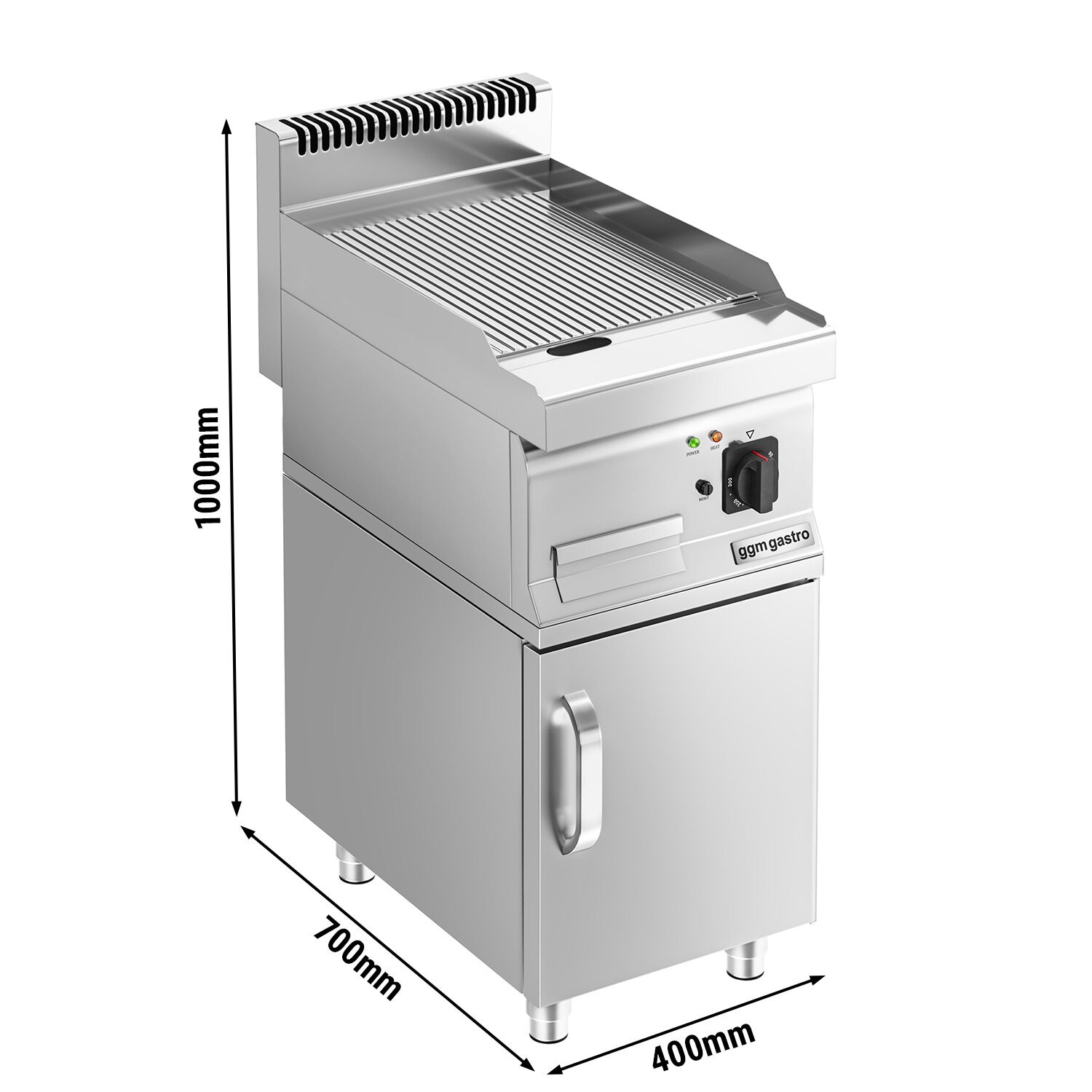 Commercial Electric Griddle - 3.6kW - Ribbed Plate - Cooking area: 395x535mm - with Cabinet Base - 1 Door