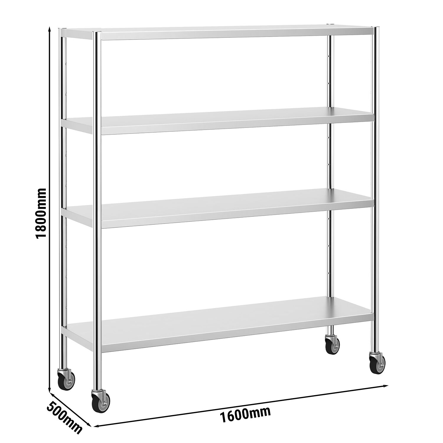 Étagère en inox PREMIUM - 1600 x 500 mm - avec 4 étagères (réglables) - incl. 4 roulettes
