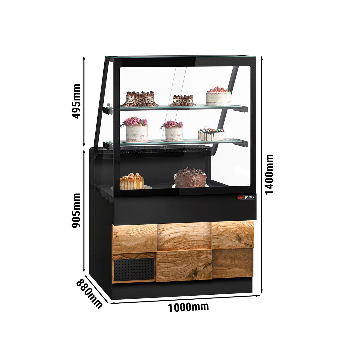 Comptoir réfrigéré TORONTO – 1000 mm – double vitrage – façade en bois – 2 étagères – plan de travail en granit Noir
