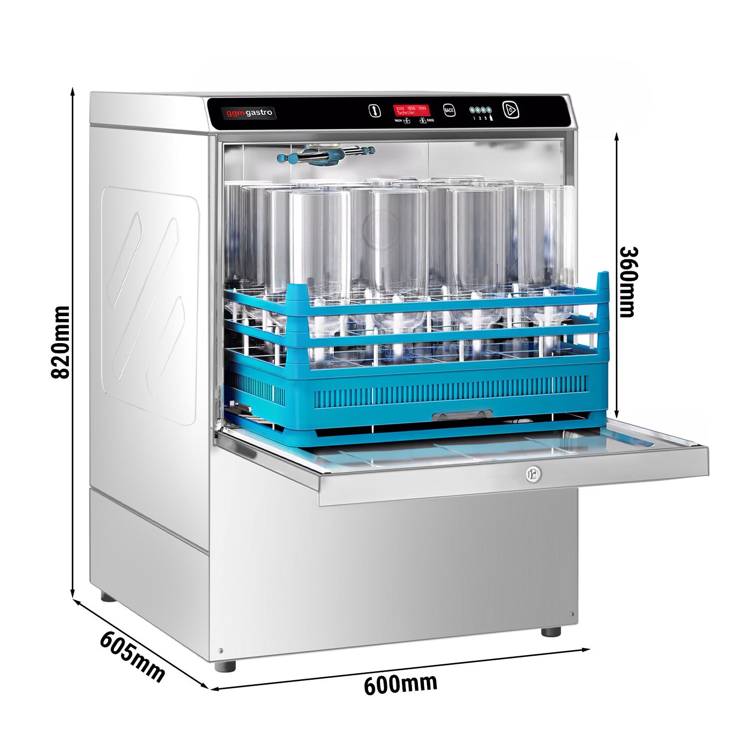 Lave-vaisselle professionnel - Panier 50x50cm - Commandes électroniques - 7,45kW - avec pompes doseuses détergent et liquide de rinçage
