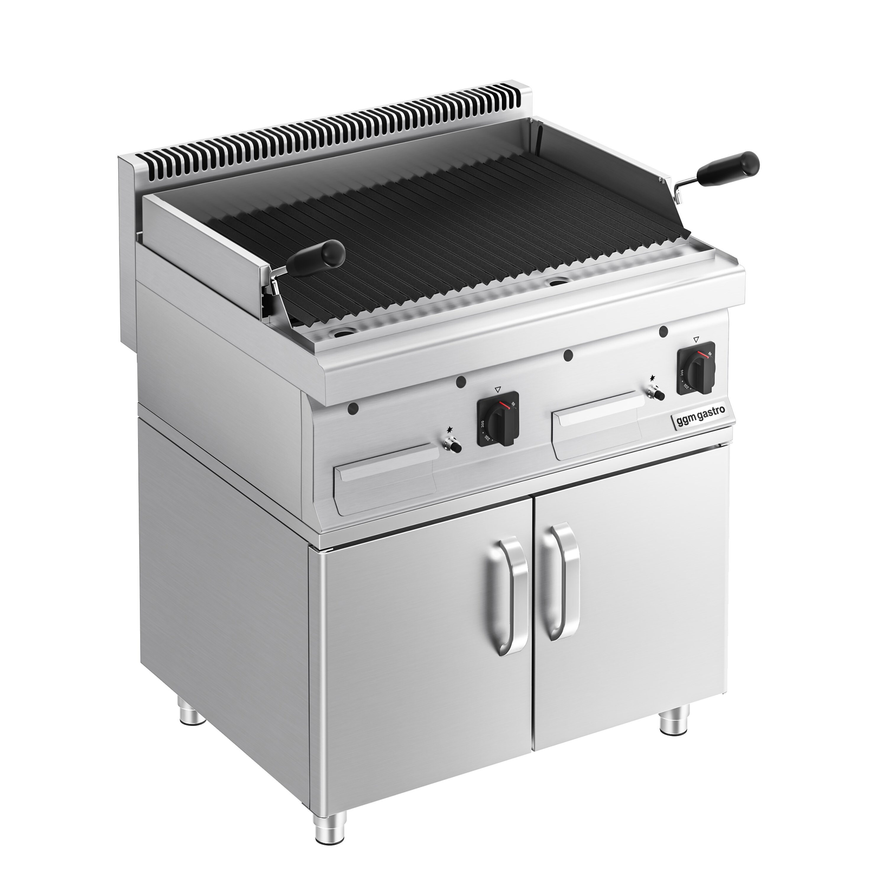 Grill à pierre de lave à gaz – 14 kW – grille inclinable – incl. soubassement avec 2 portes