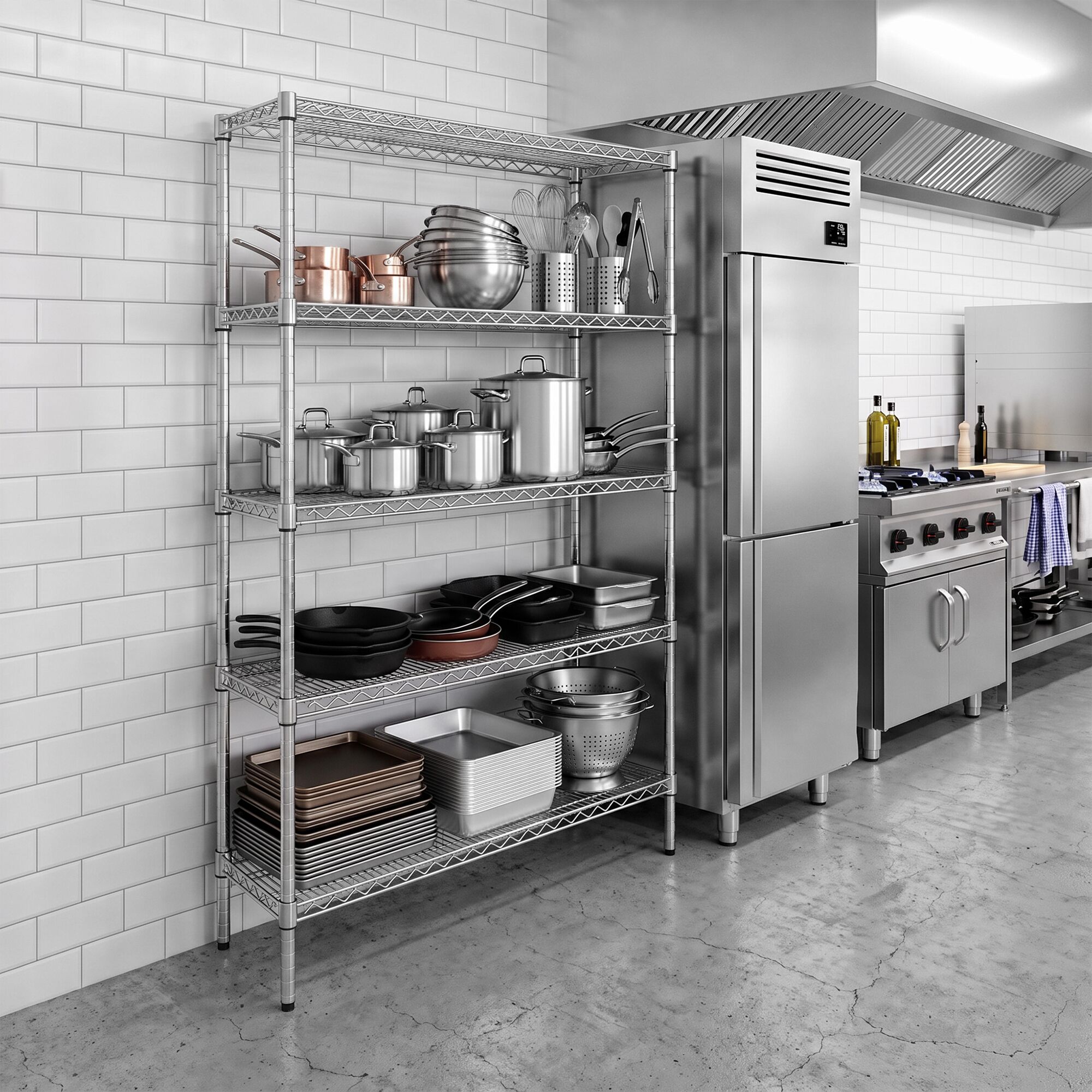 Stalen rek - 1500 x 450 mm - 5 legplanken - chroom