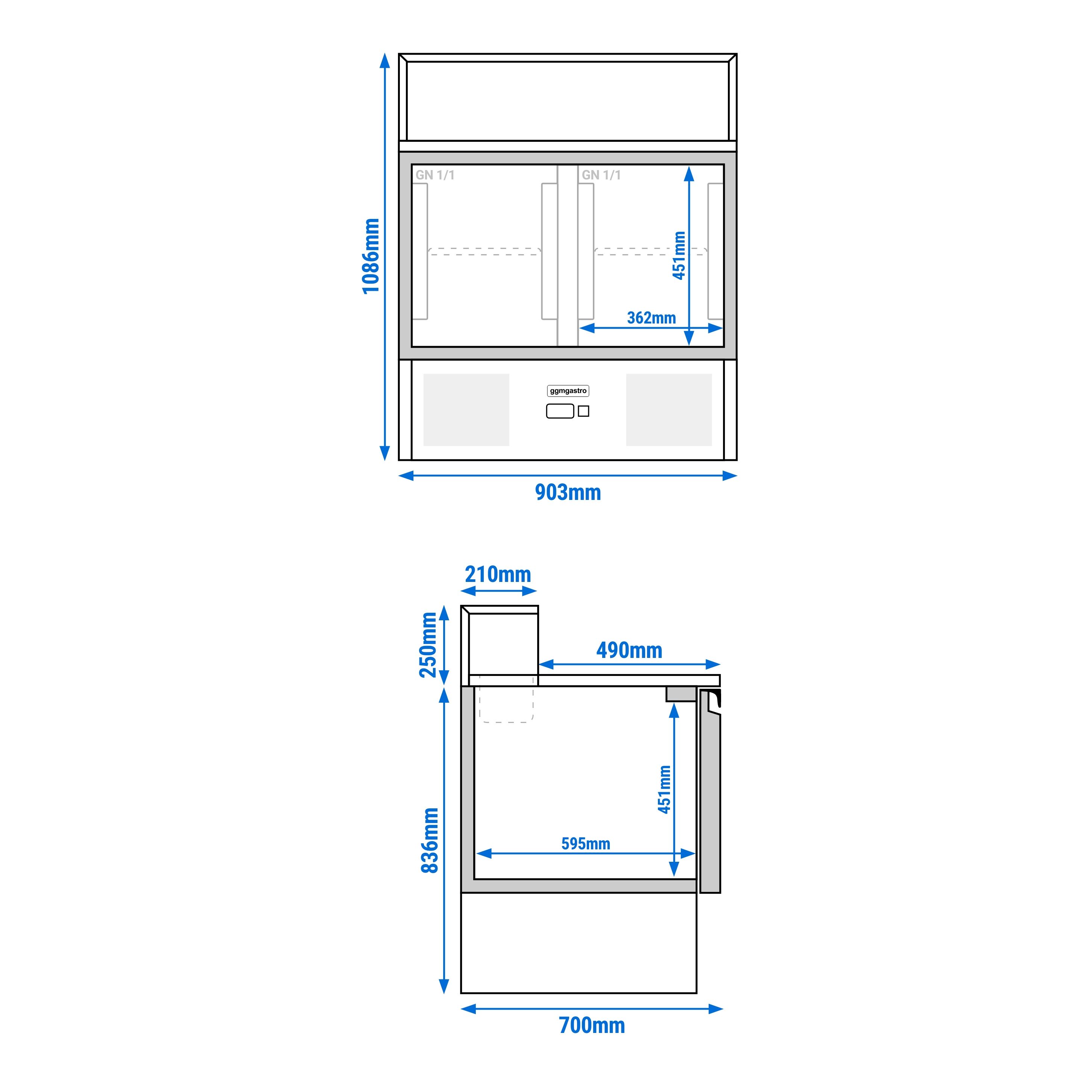 Saladette réfrigérée PREMIUM - 903mm - 240L - 2 portes vitrées - avec ensemble inox (dessus GN) pour 5x GN 1/6 & Couvercle inox - plan de travail en granit noir