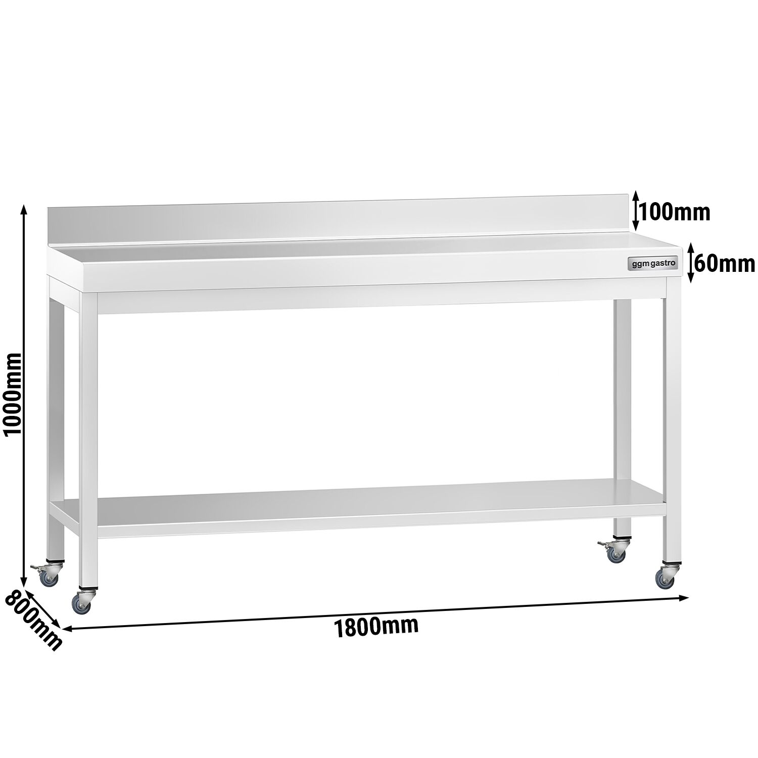 Table de travail en inox PREMIUM - 1800 x 800 mm - avec tablette inférieure, dosseret et roulettes