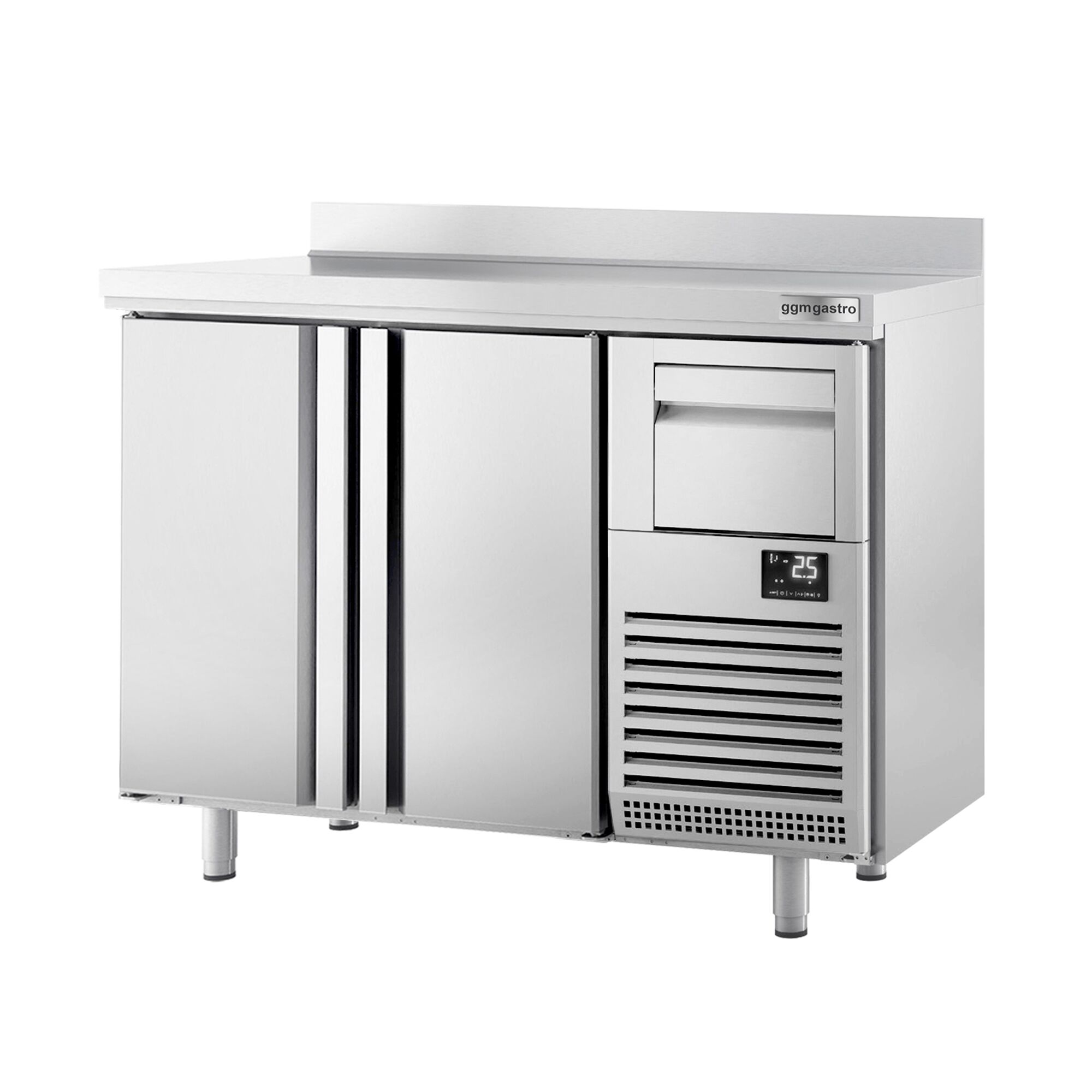 Commercial Refrigerated Back Bar Counter PREMIUM PLUS - 1468x600x1150mm - with 2 Solid Doors, upstand & knock box for coffee - 340L