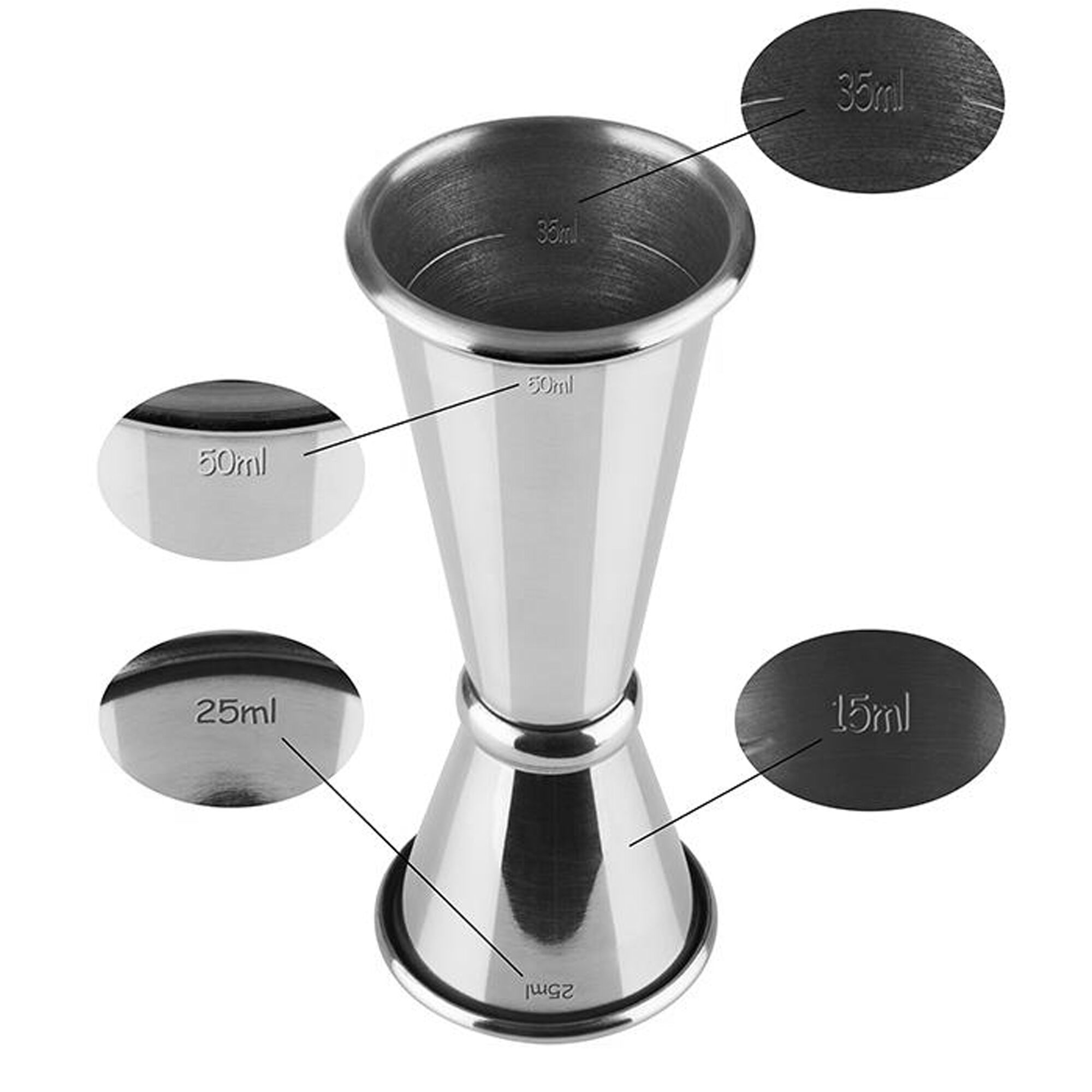 (6 pcs) Jigger double - acier inoxydable - 2,5cl/5cl (25/50 ml) - avec repère(s) 1,5cl/3,5cl - estampillé CE