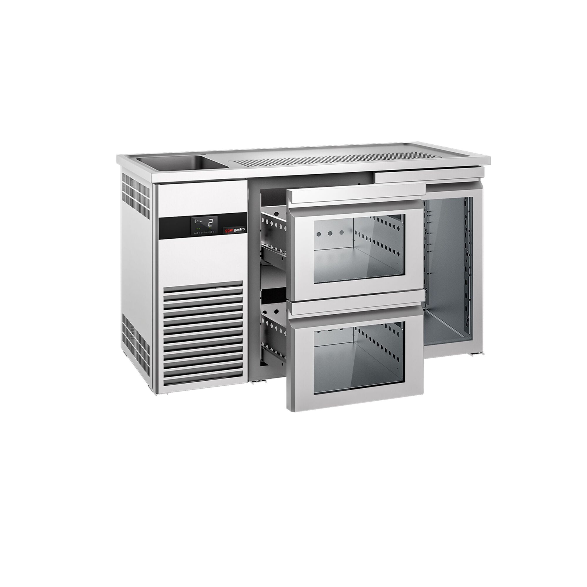 Comptoir de bar réfrigéré PREMIUM - 1550x700mm - 1 porte vitrée & 2 tiroirs en verre