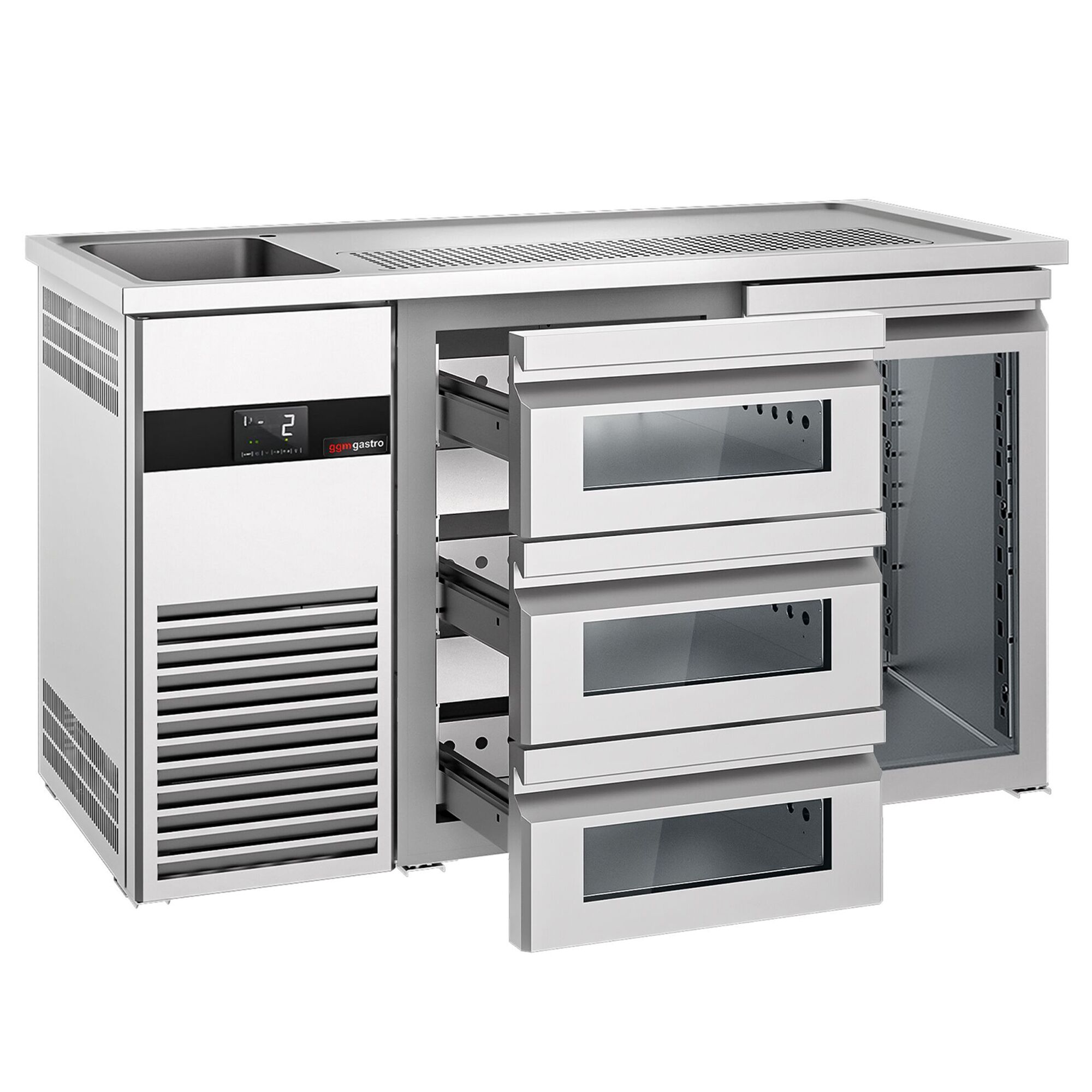 Comptoir de bar réfrigéré PREMIUM - 1550x700mm - 1 porte vitrée & 3 tiroirs en verre