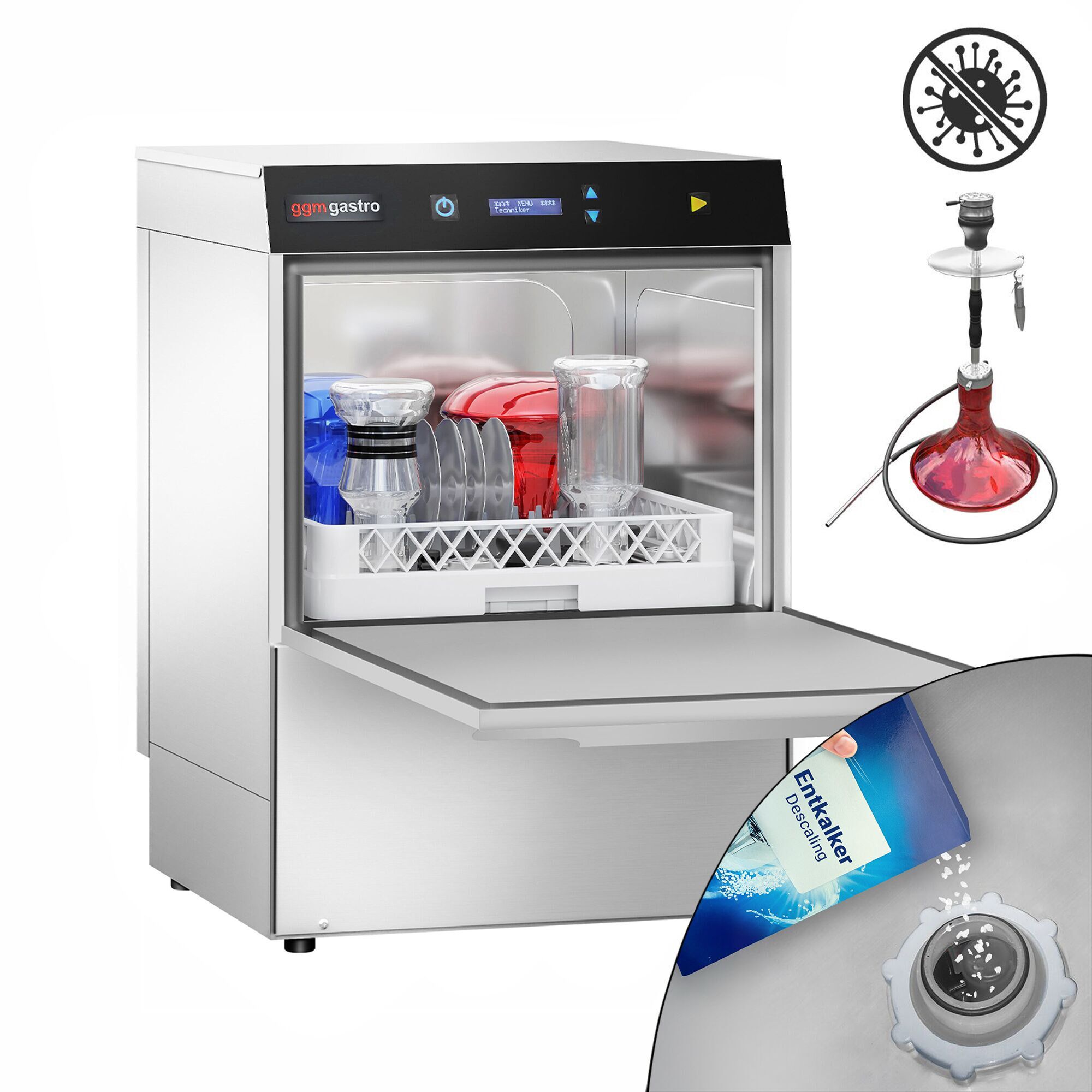 Lave-Vaisselle SHISHA à Double Paroi - Numérique - 4,9 kW - incl. Détartrant - avec Pompe de Détergent, de Rinçage & de Vidange