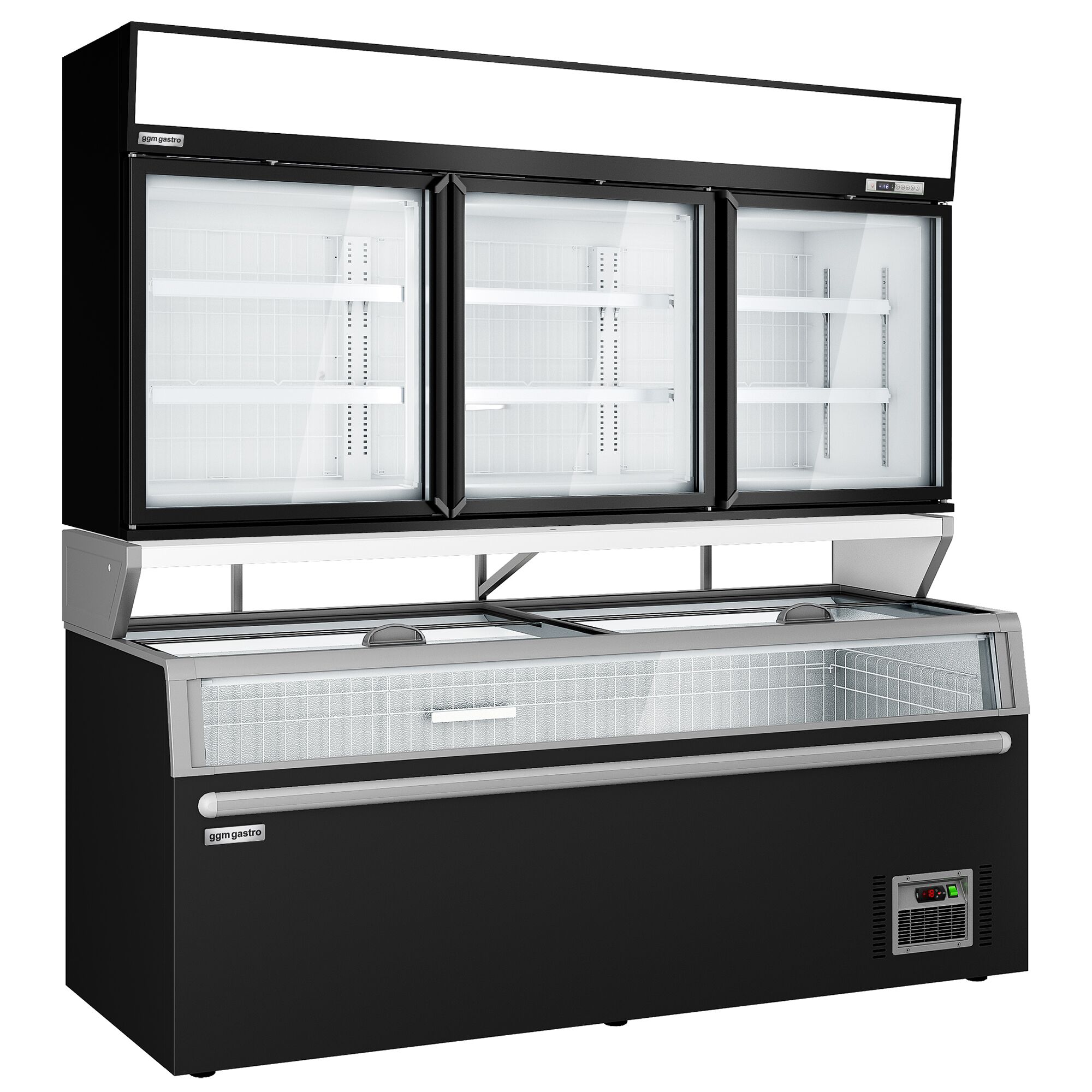 Vitrine murale de congélation pour supermarché - 3 portes - avec îlot de congélation inclus - Noir