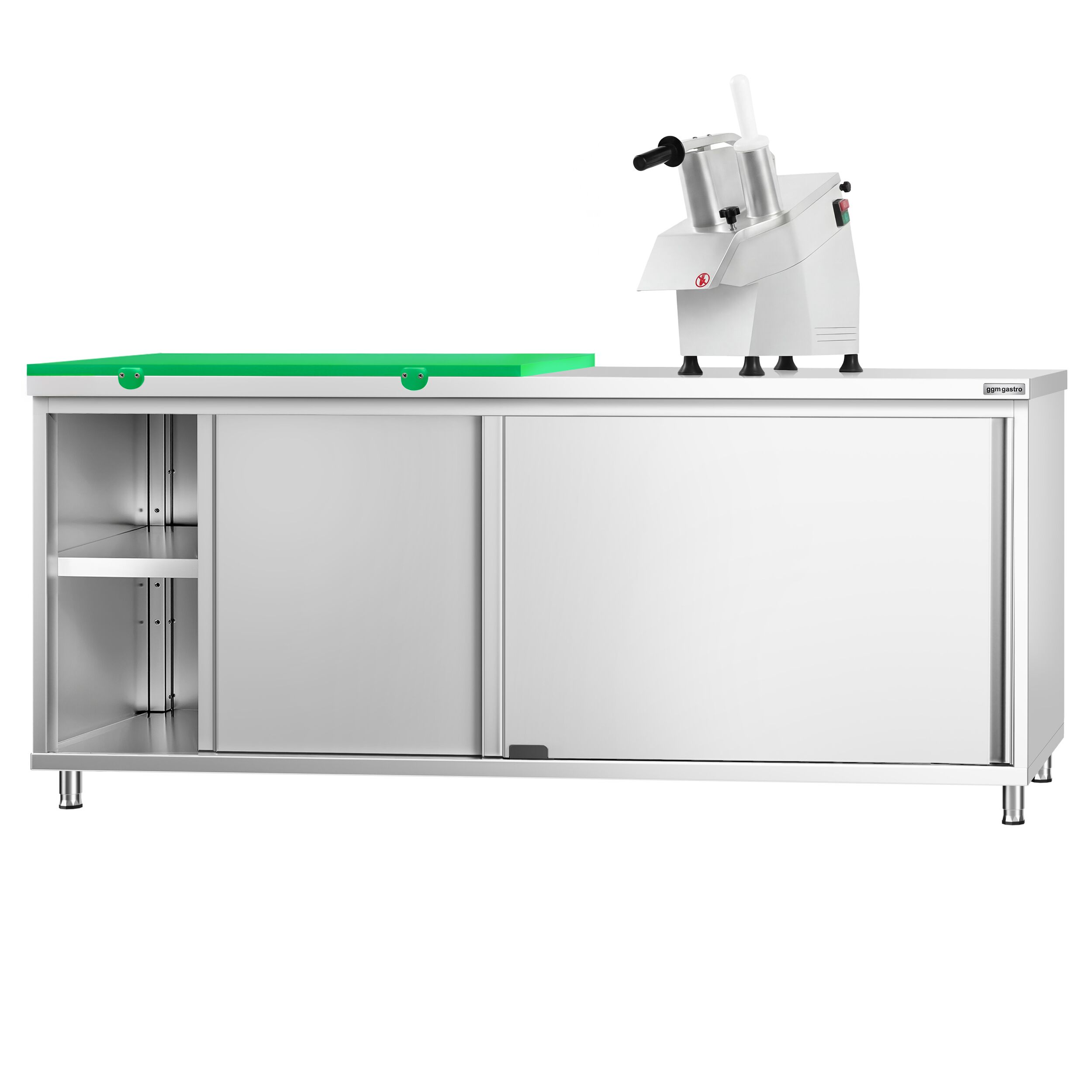 Table armoire en acier inoxydable PREMIUM - 2000x700mm - avec portes coulissantes - incl. 1/2 plateau de découpe Vert PEHD (HACCP)