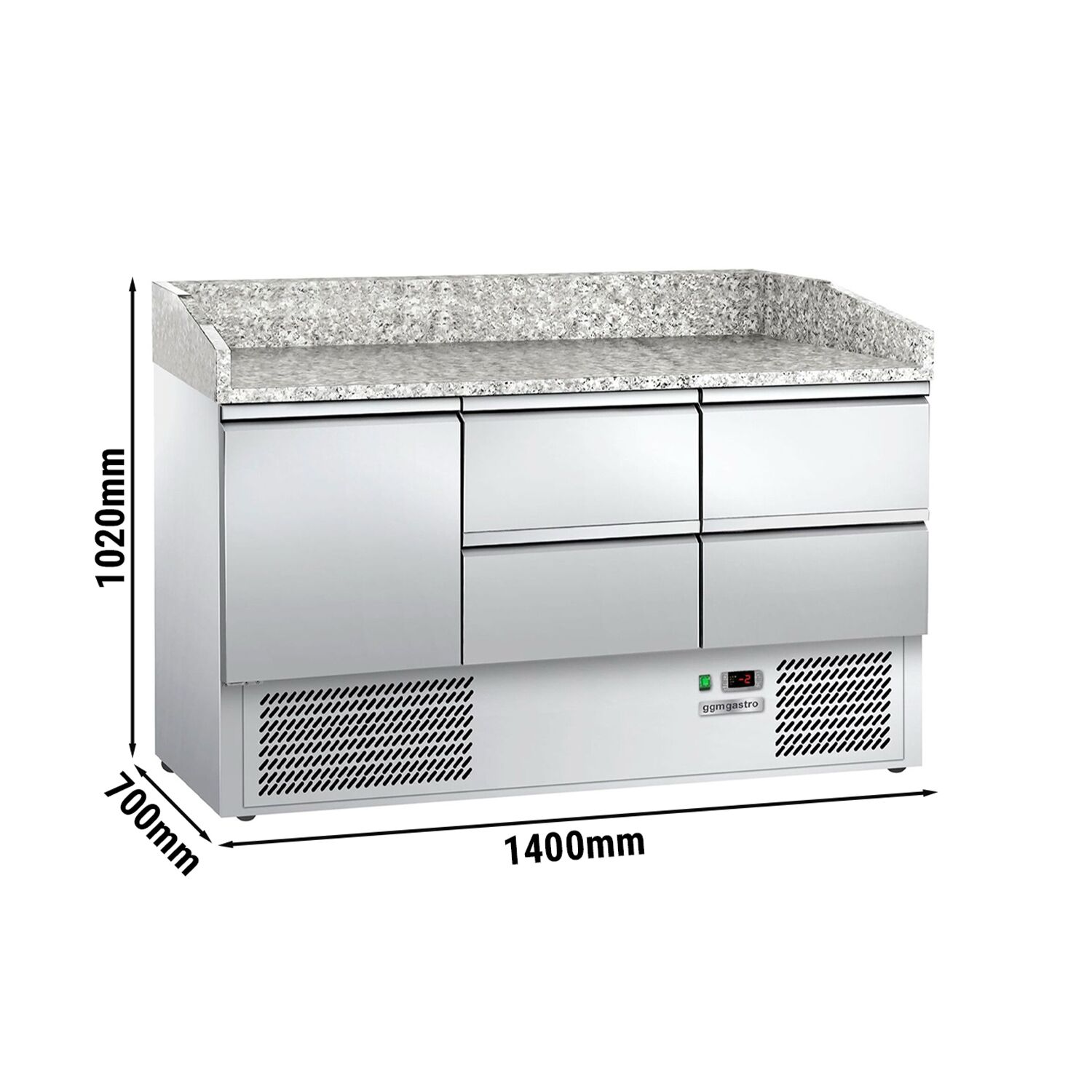 Commercial Pizza Prep Counter - Granite Top ECO - 1400x700mm - with 1 doors & 4 drawers