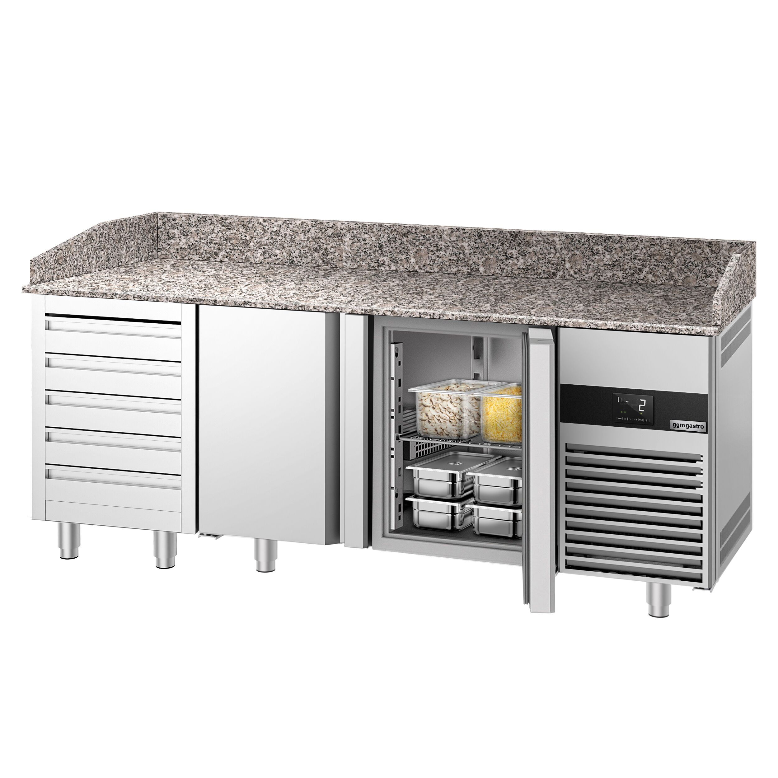 Commercial Pizza Prep Counter - Granite Top PREMIUM - 2100x800mm - with 2 doors & 5 drawers