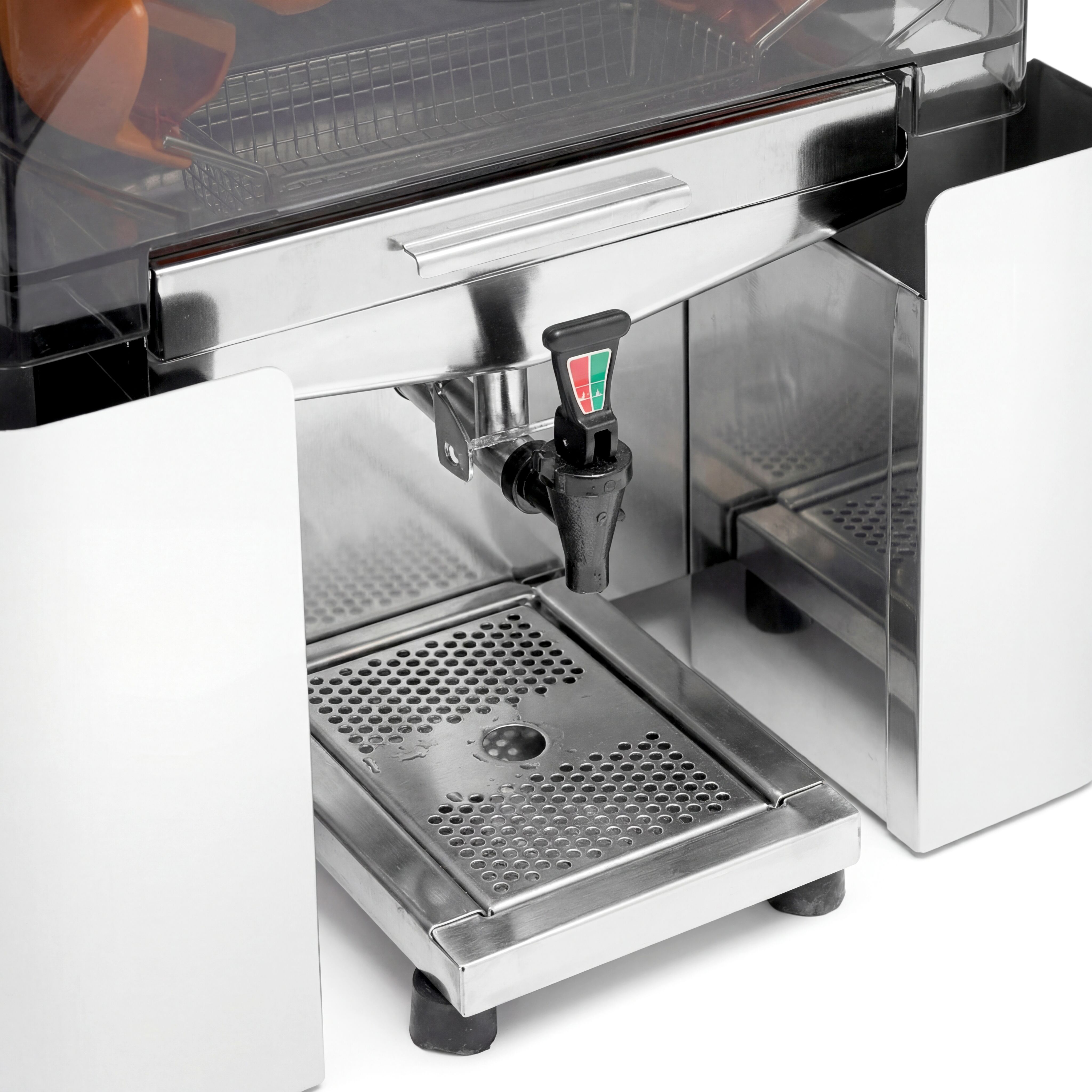 Elektrisk citruspress - 200 W - med 20 apelsiner/min, Ø 60–80 mm, korg ca 22 apelsiner, droppstopp/kran & avtagbar front för rengöring - rostfritt stål