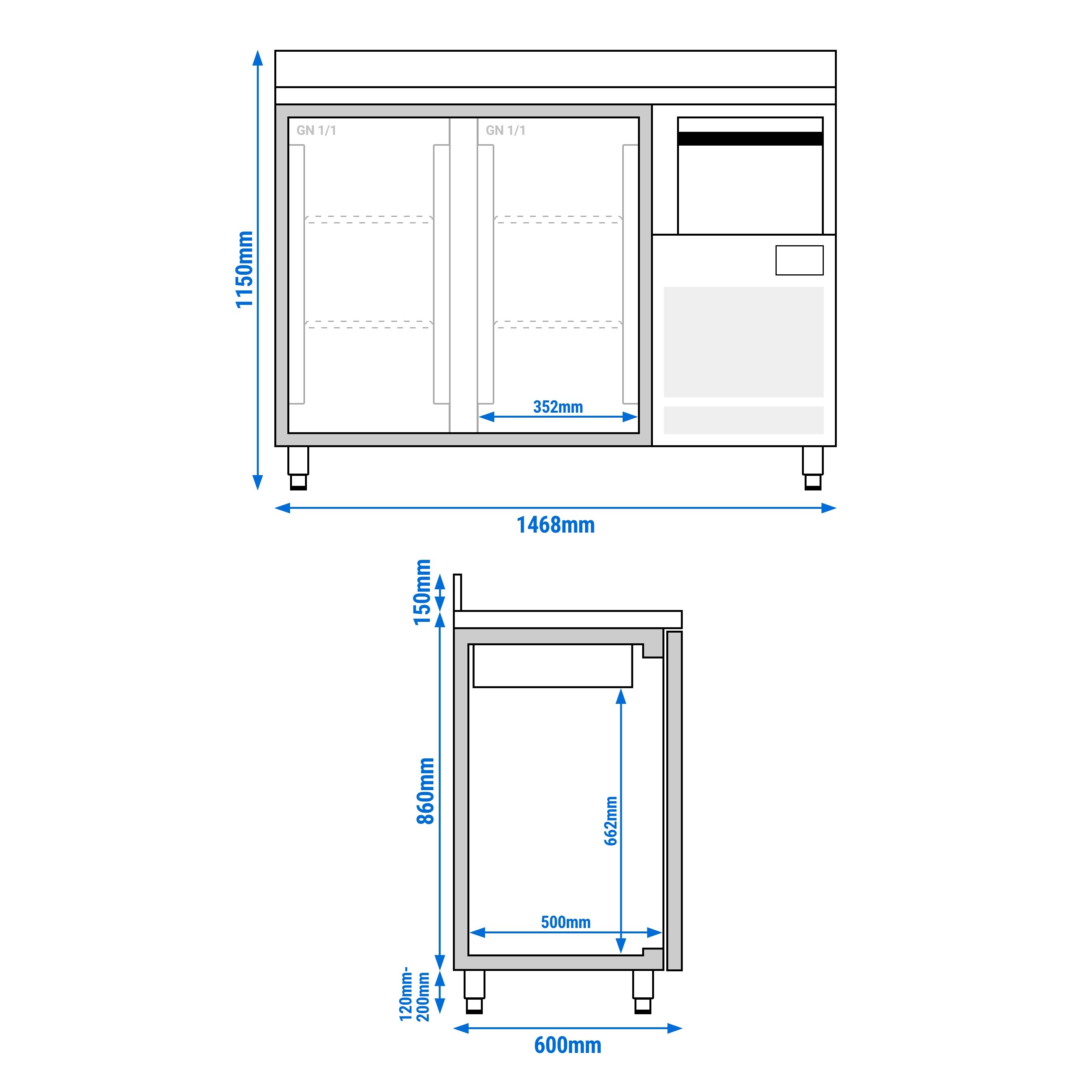 Commercial Back Bar Bottle Cooler PREMIUM PLUS - 1468x600x1150mm - 340L - with 2 Hinged Glass Doors, upstand & knock box for coffee