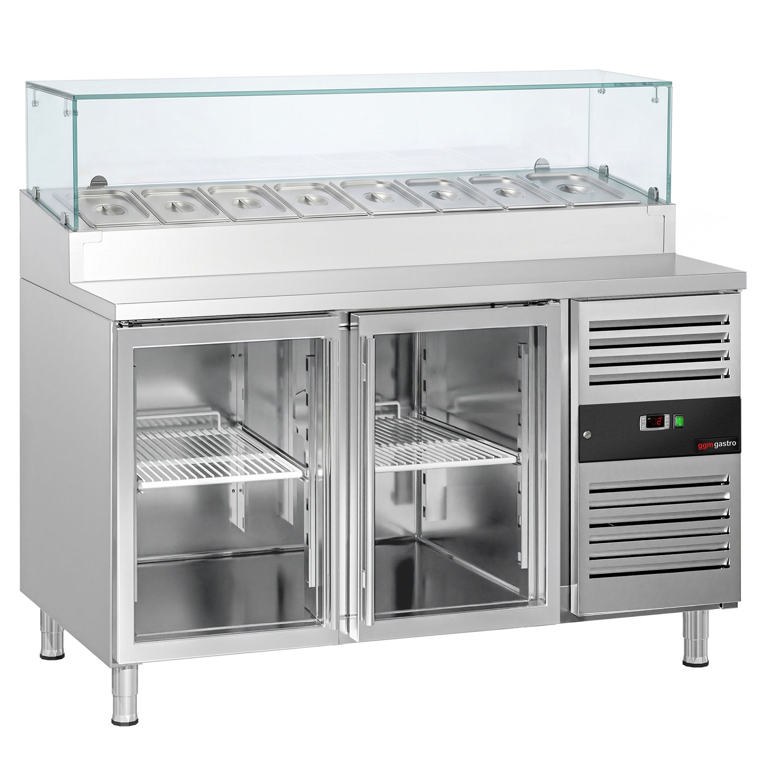 Zubereitungstisch PREMIUM - 1510mm - 2 Glastüren - mit Glasaufsatz - für 8x GN 1/3