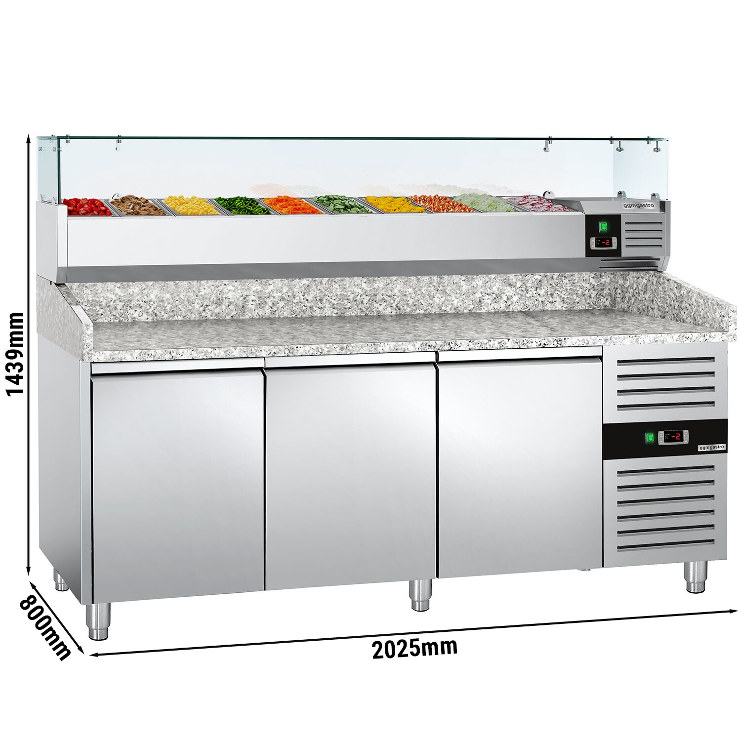 Table réfrigérée à pizza ECO - 2000 x 800 mm - avec 3 portes - incl. vitrine réfrigérée - 10 x GN 1/4