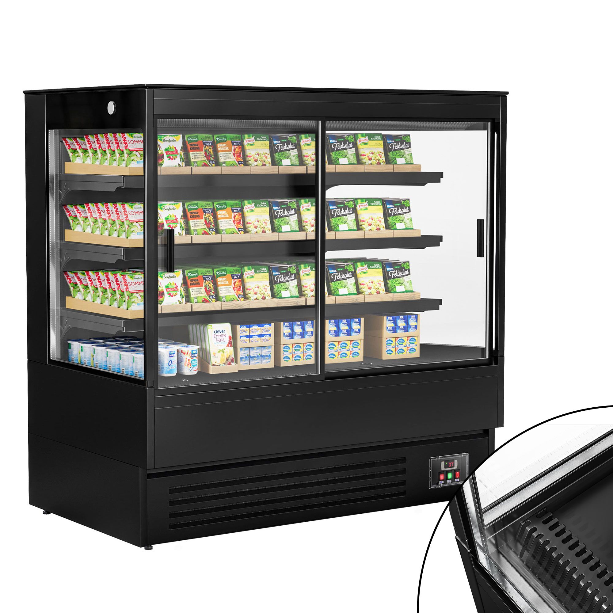 Commercial multideck display fridge - 1520mm - 493L - with 2 double‑glazed sliding doors & 3 shelves - Black