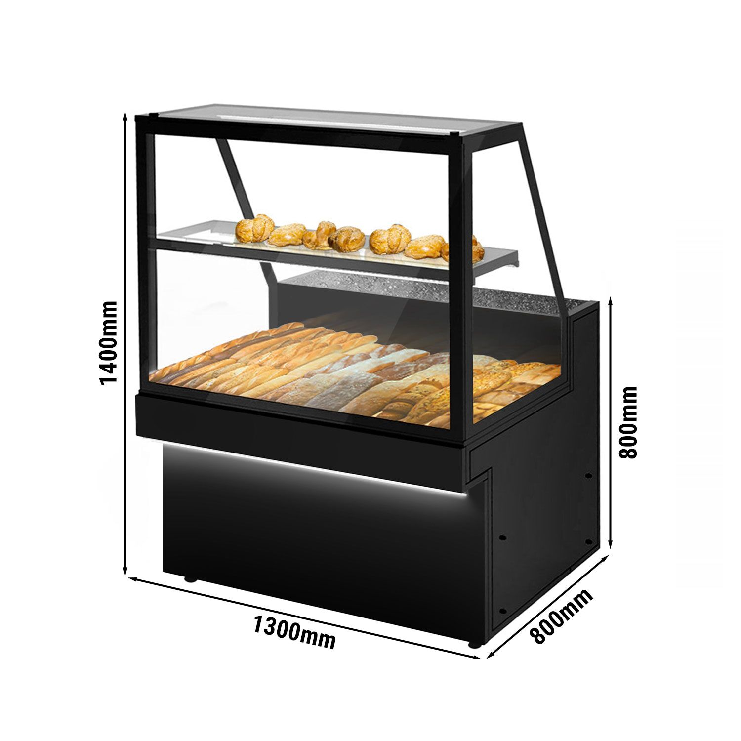 Patisserie Counter TORONTO - 1300x800mm - black front - with 1 glass shelf - LED lighting - granite worktop