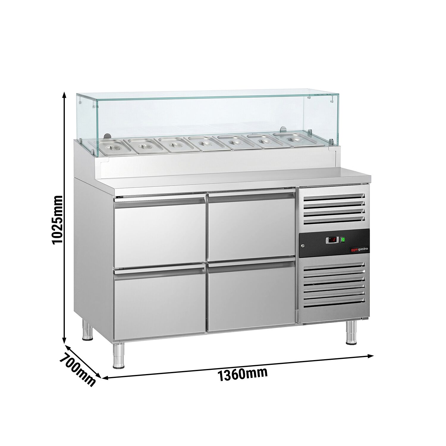 Zubereitungstisch PREMIUM - 1360mm - 4 Schubladen - mit Glasaufsatz - für 7x GN 1/3