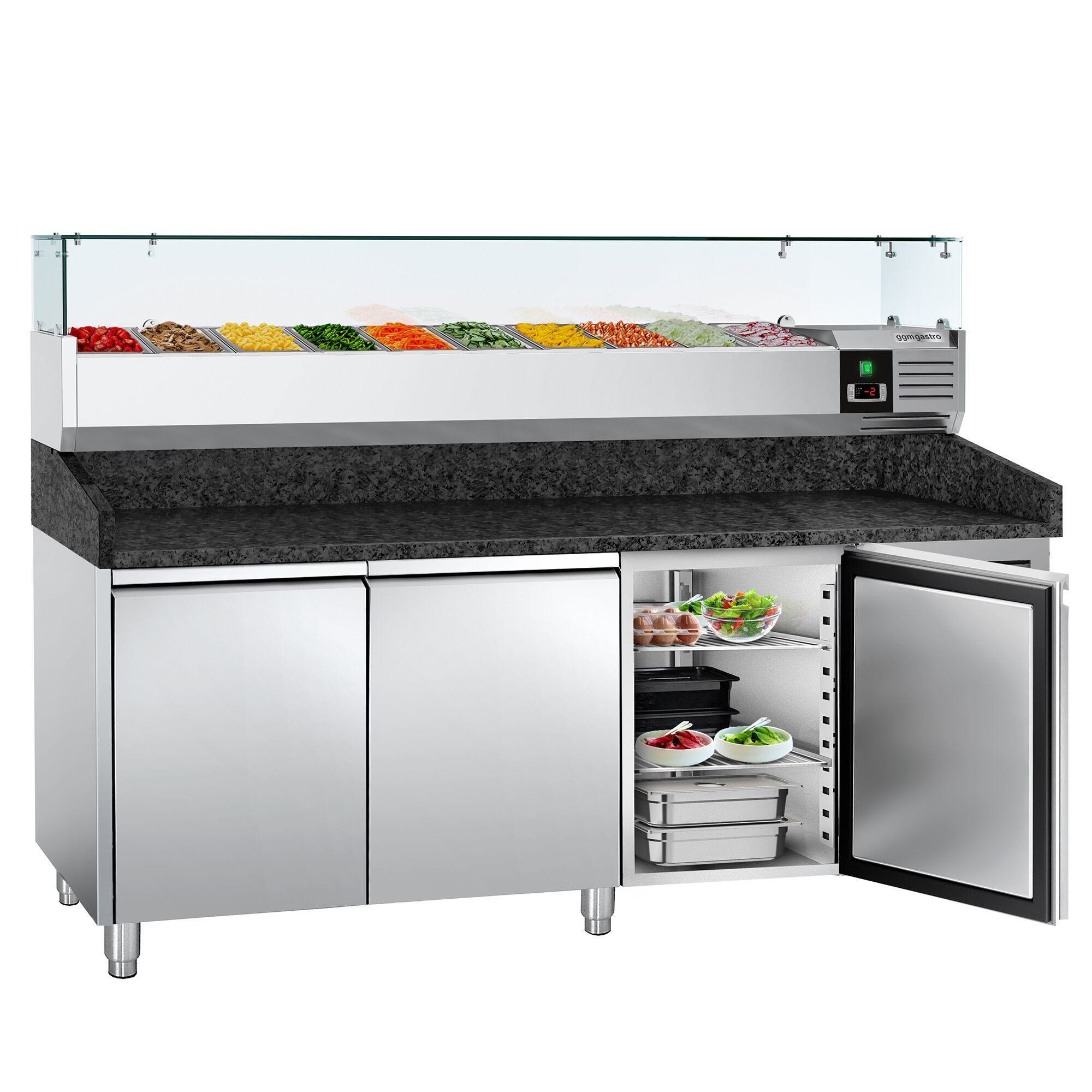 Table réfrigérée à pizza PREMIUM - 2000 x 800 mm - avec 3 portes - incl. vitrine réfrigérée - 10 x GN 1/4