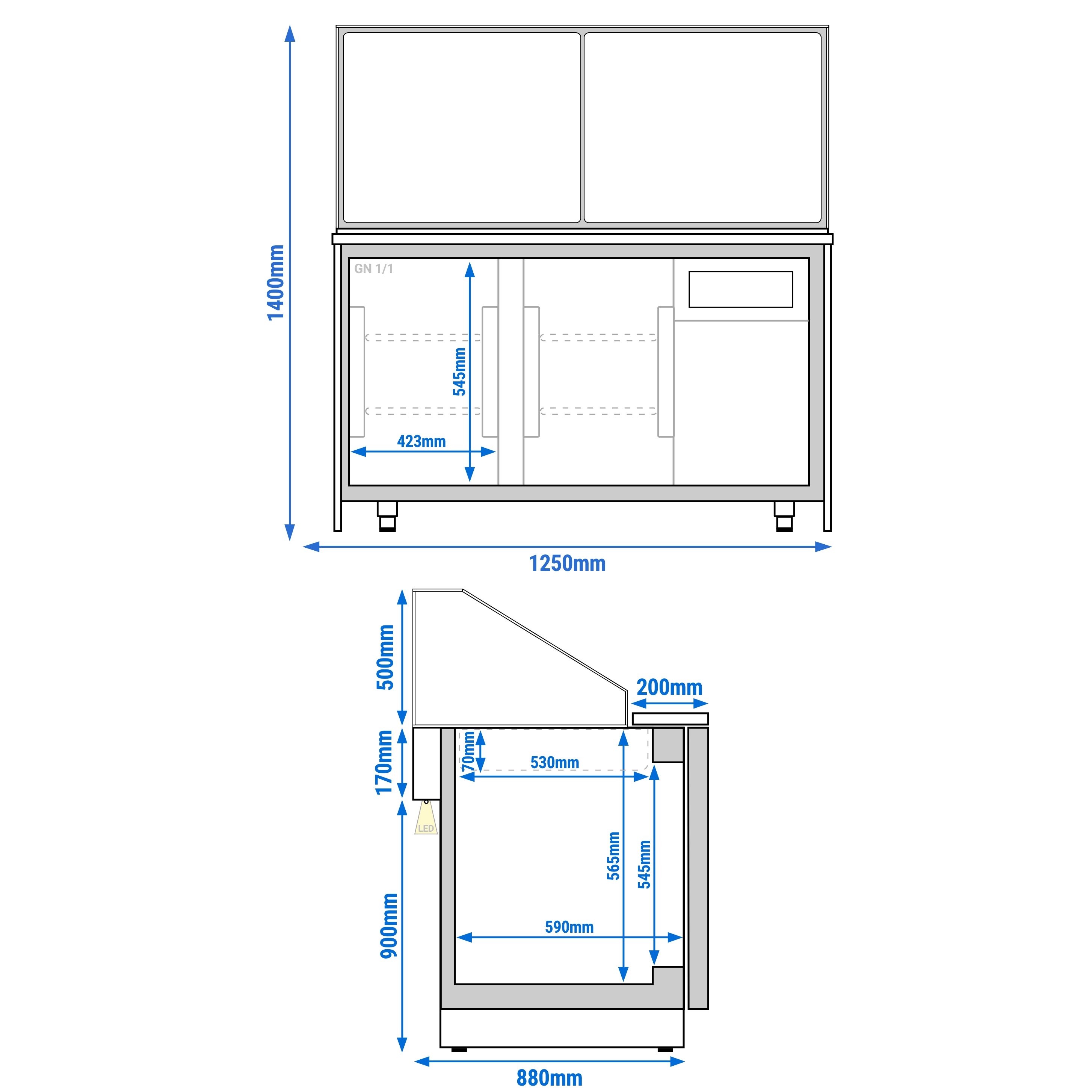 Saladette réfrigérée TORONTO - 1250 mm - Façade noire - 2 portes - Pour 3x GN 1/1 - Plateau de travail en granit noir
