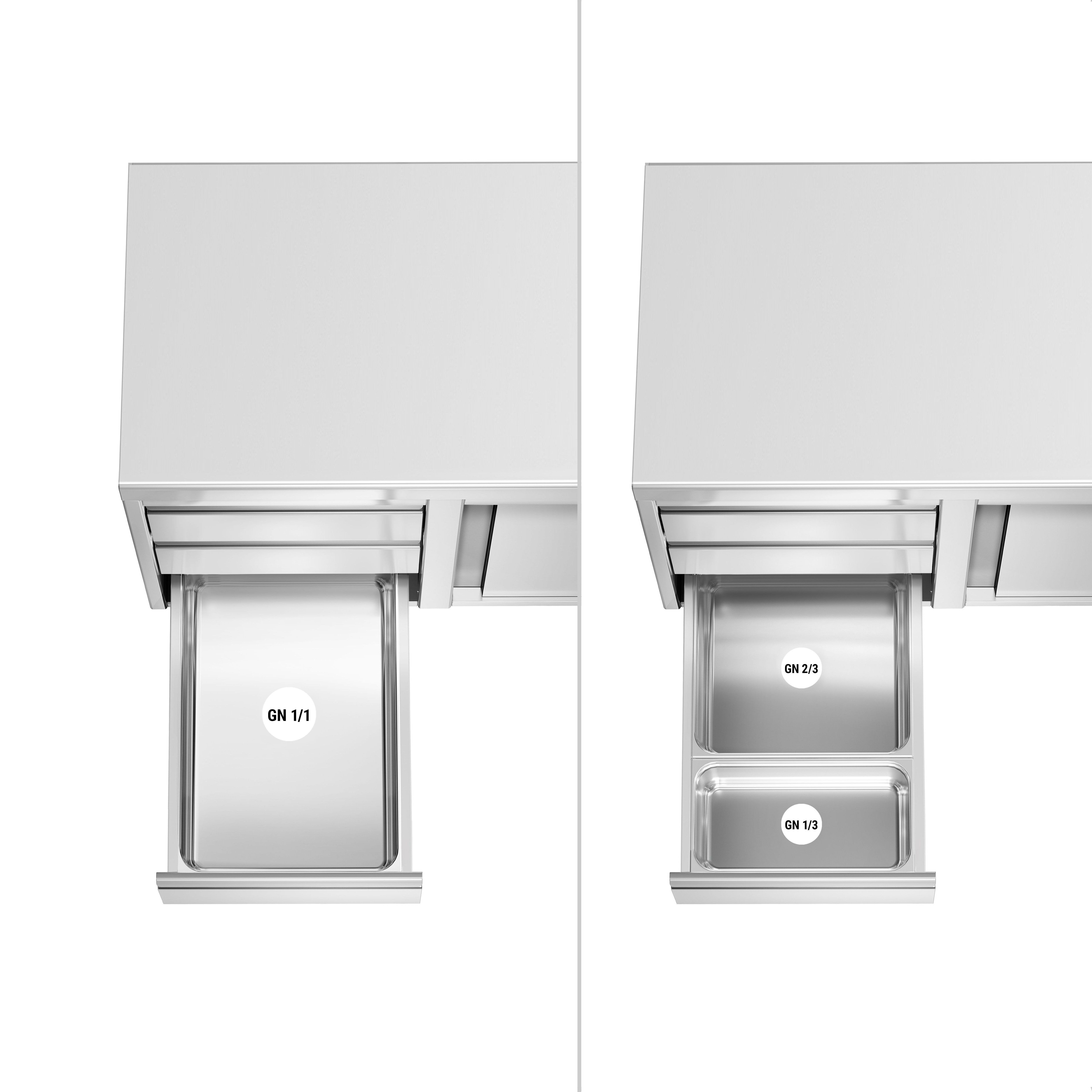 Table armoire en acier inoxydable PREMIUM - 1400x700mm - avec 3 tiroirs à gauche et portes coulissantes - avec dosseret
