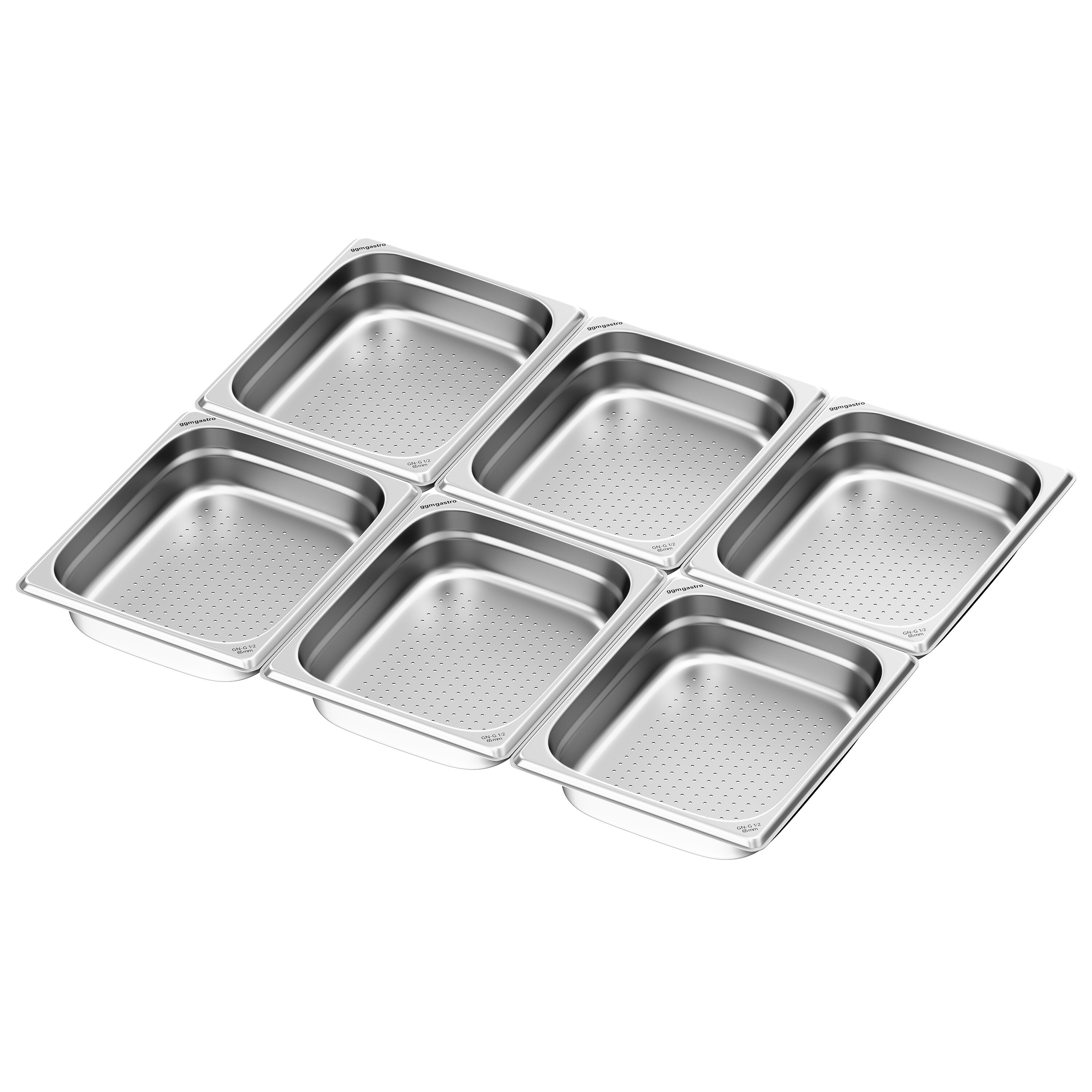 (6 pièces) Récipients en acier inoxydable GN 1/2 - perforés - hauteur : 65mm