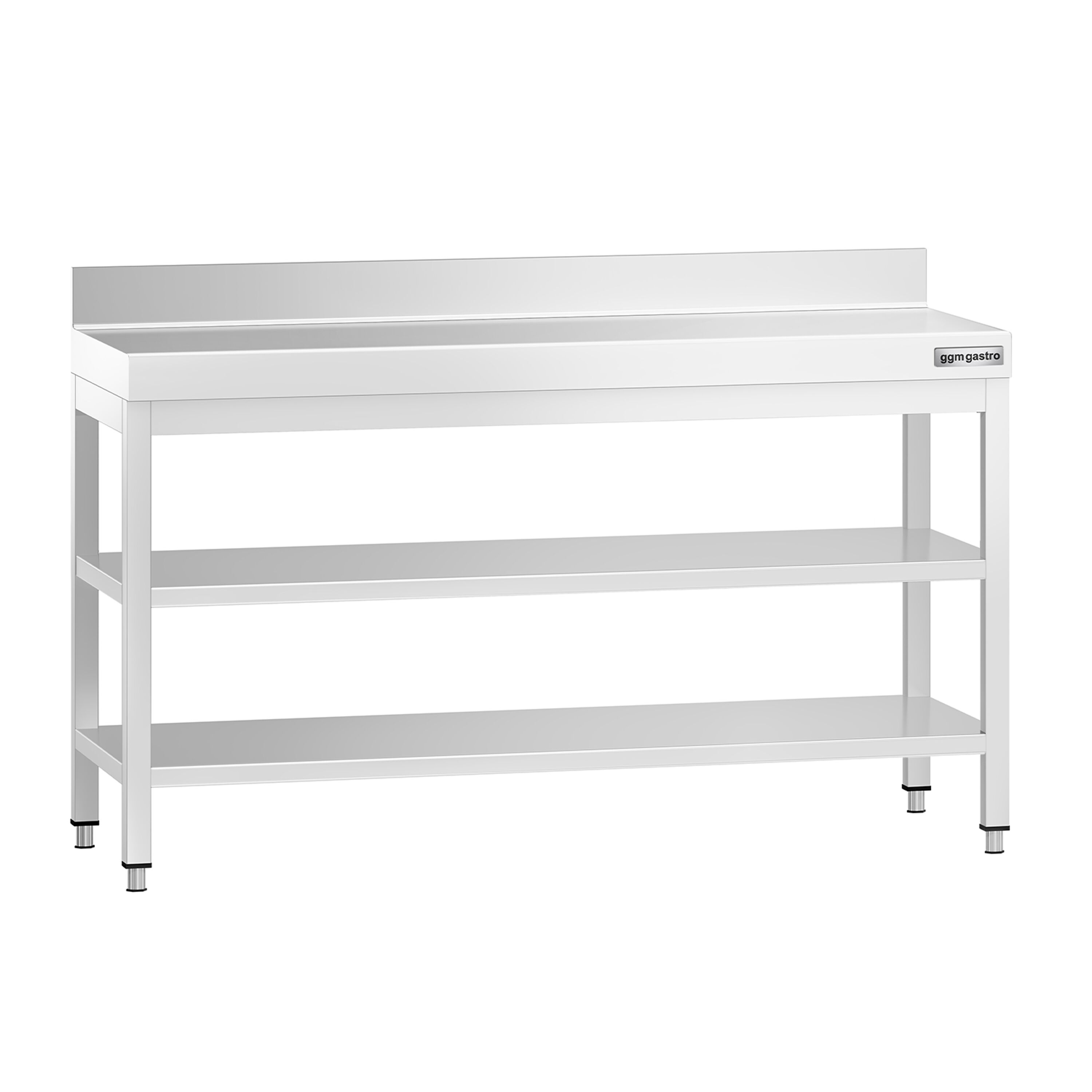 Table de travail inox PREMIUM - 1500 x 700 mm - avec tablette inférieure, Dosseret & Tablette intermédiaire