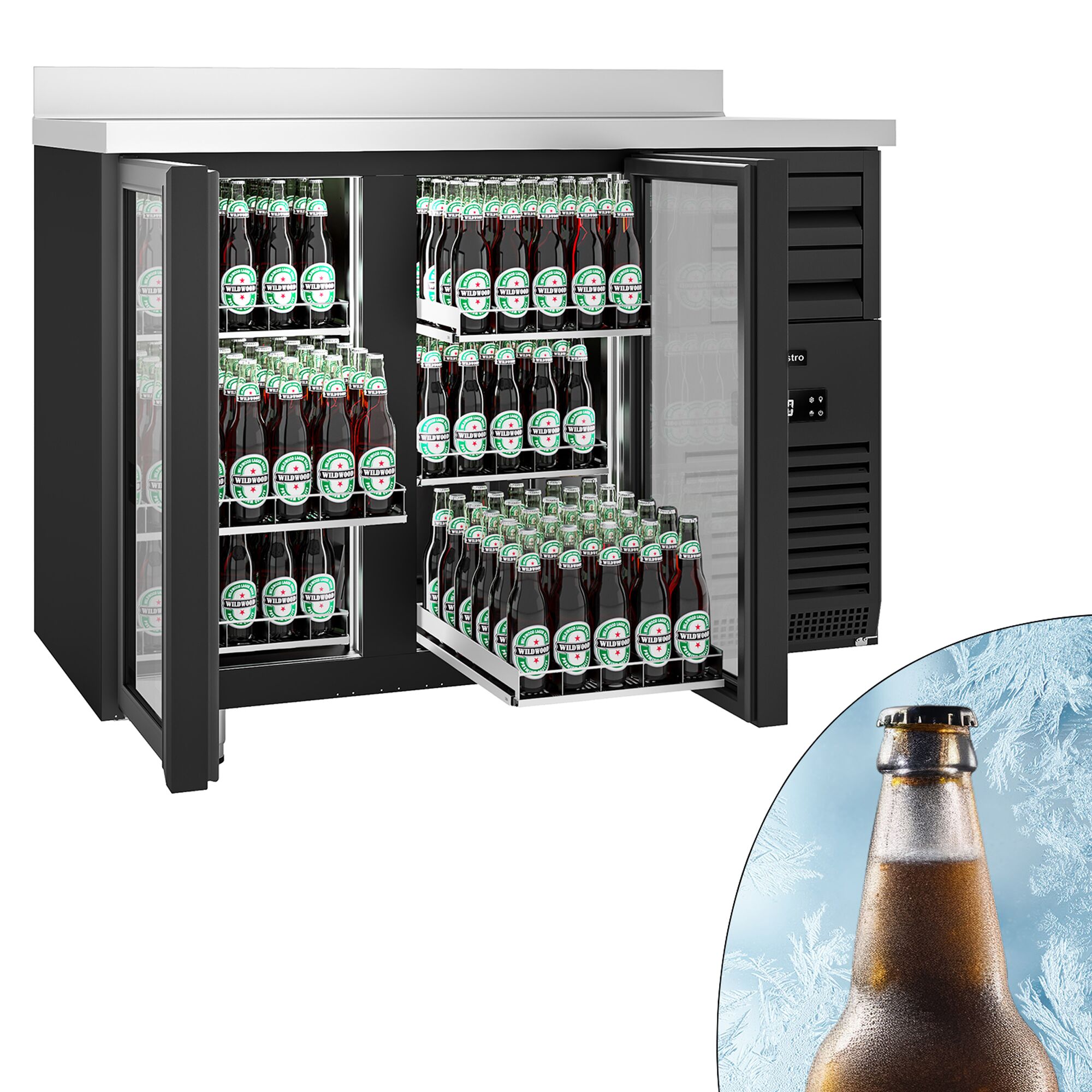 Arrière-bar réfrigéré professionnel  - 1475x700 mm - 440 litres - avec 2 portes vitrées & dosseret - noir