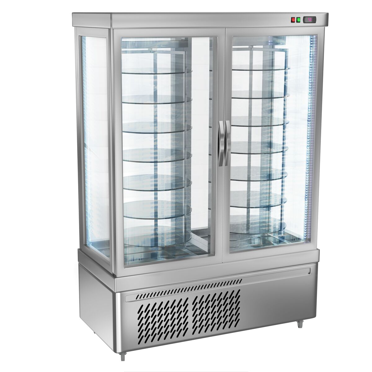 4-Sided Glass Display Fridge - 935L - 1320mm - with 14 rotating shelves - 2 doors - Silver