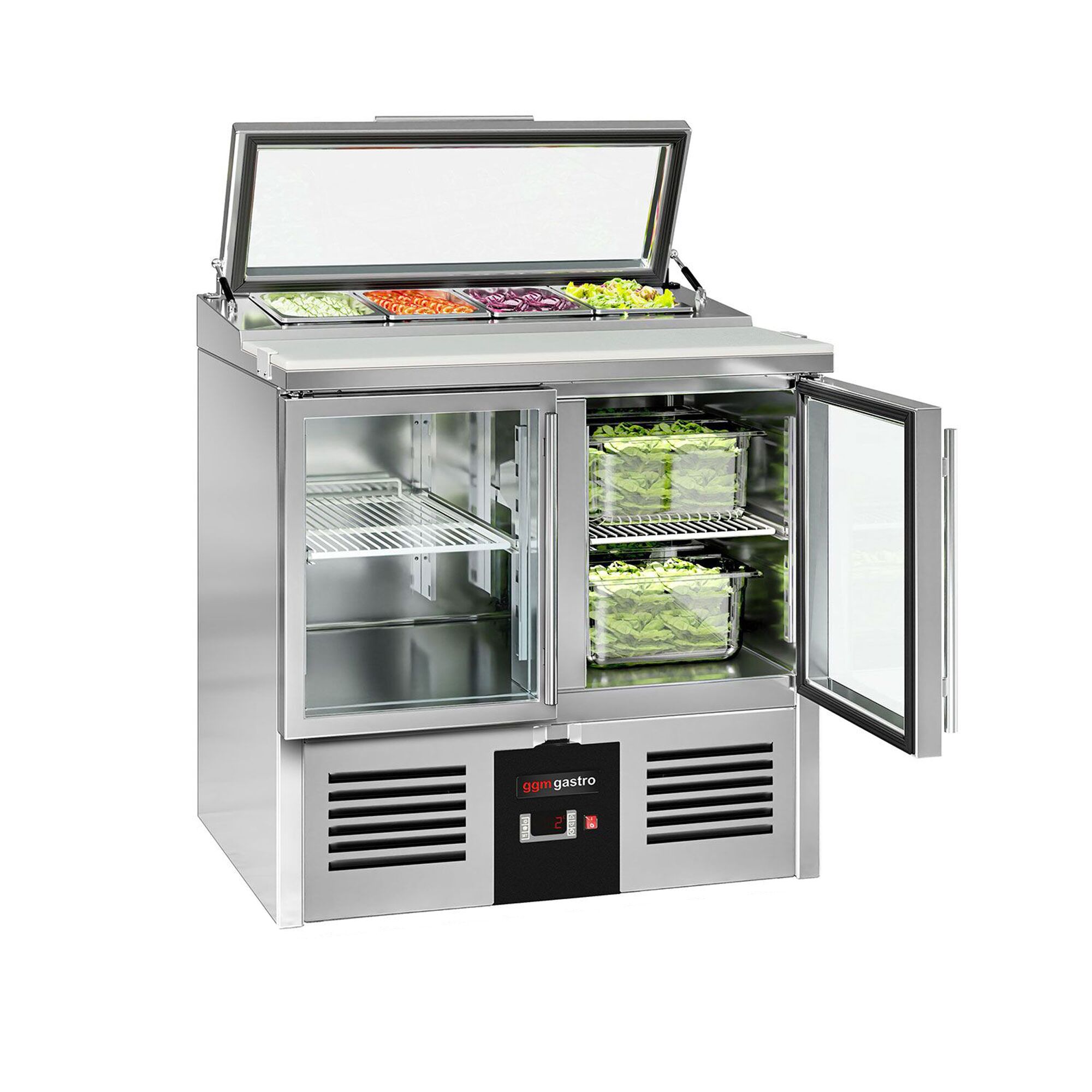 Saladette réfrigérée PREMIUM - 900mm - 159L - 2 portes vitrées - avec découpe pour 4x GN 1/3 & Couvercle verre