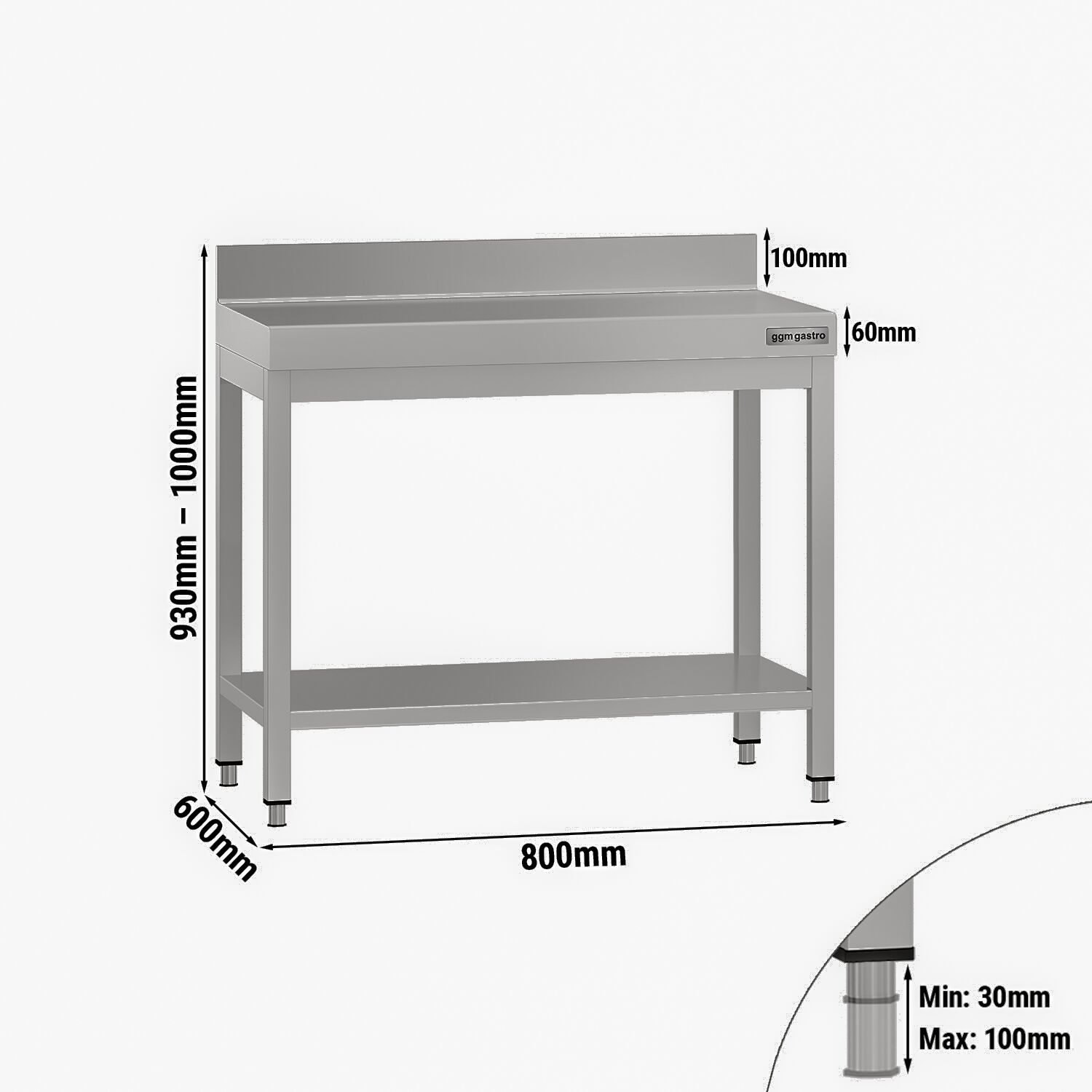 Table de travail en inox ECO – 800 × 600 mm – avec tablette inférieure & dosseret