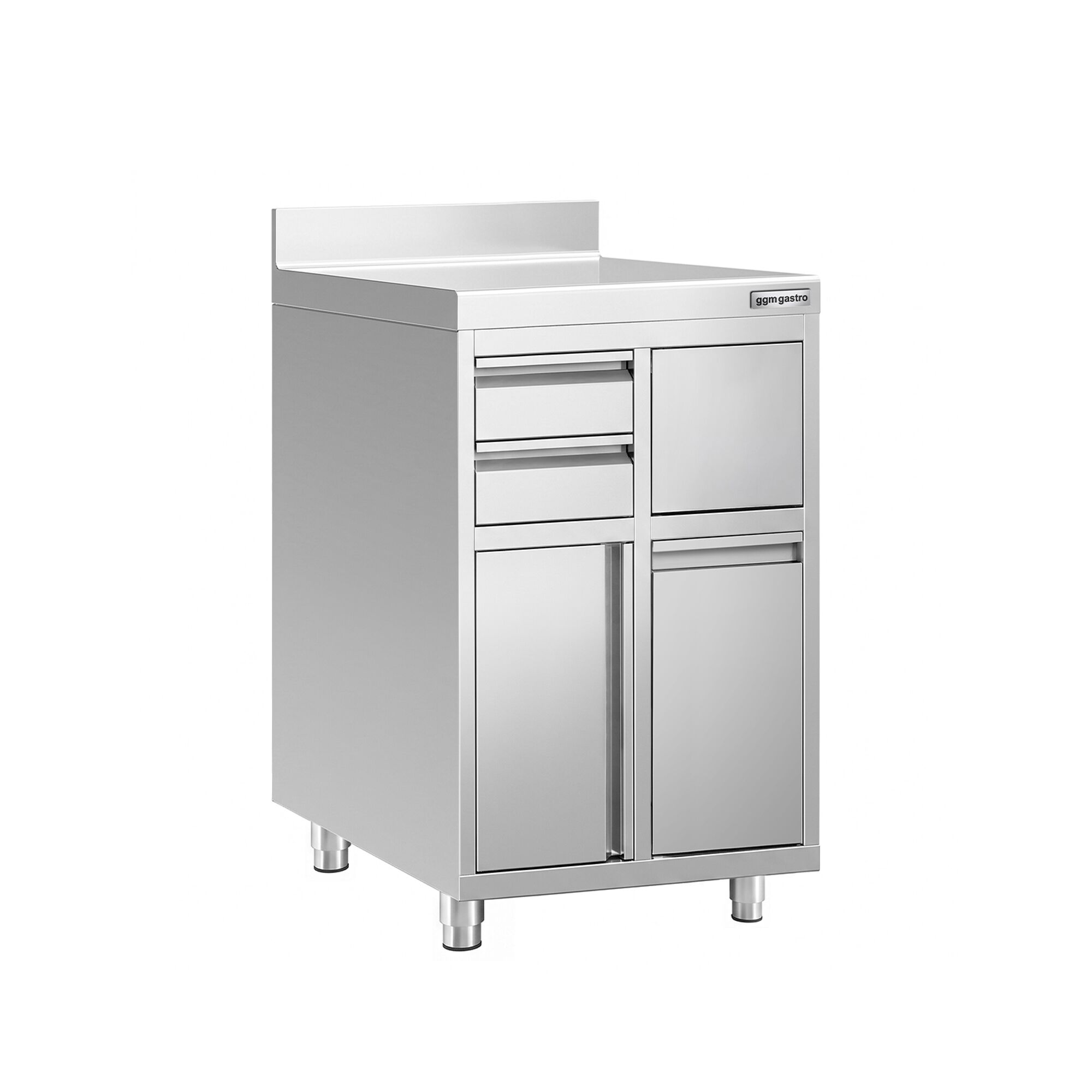 Work cabinet – for coffee machine – 600x600mm – with 1 hinged door, 2 drawers, waste bin & upstand