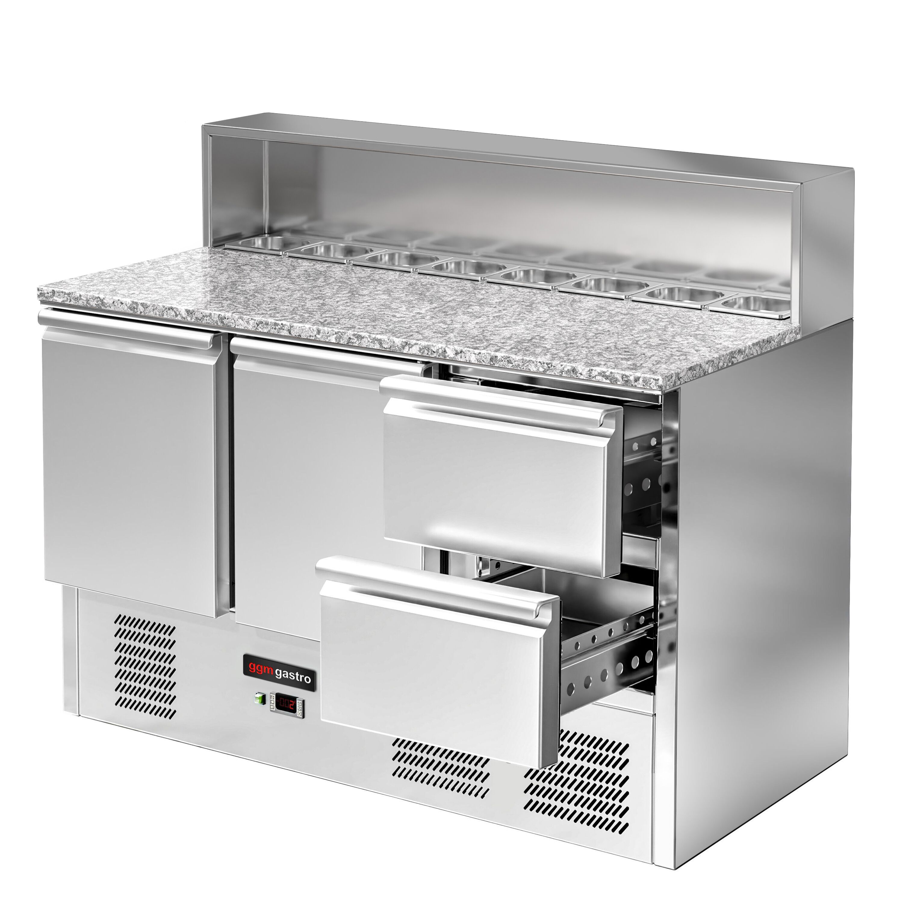 Saladette réfrigérée ECO - 1368mm - 402L - 2 portes & 2 tiroirs - pour 8x GN 1/6 - plan de travail en granit noir