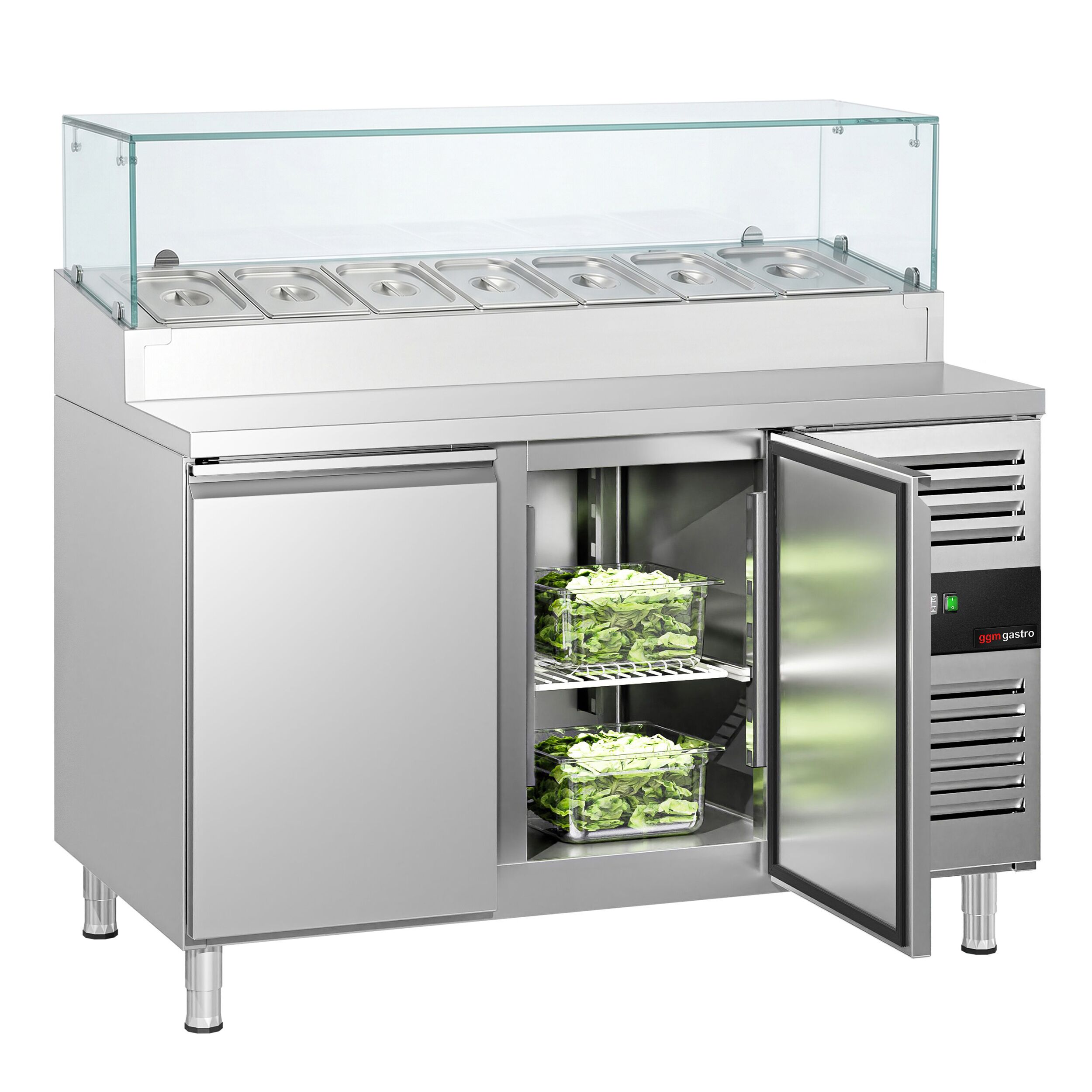 Zubereitungstisch PREMIUM - 1360mm - 2 Türen - mit Glasaufsatz - für 7x GN 1/3
