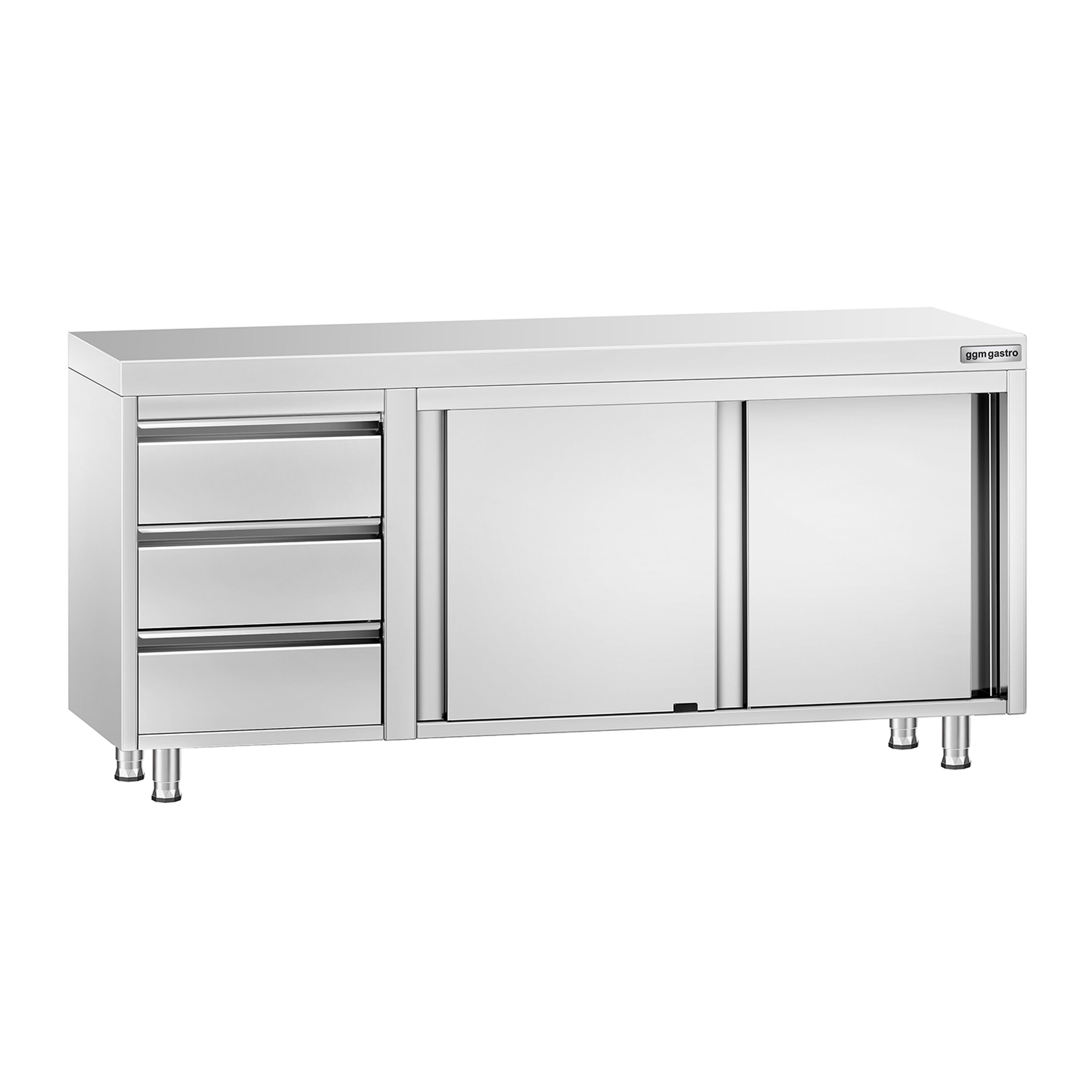 Table armoire en acier inoxydable PREMIUM - 1800x700mm - avec 3 tiroirs à gauche et portes coulissantes