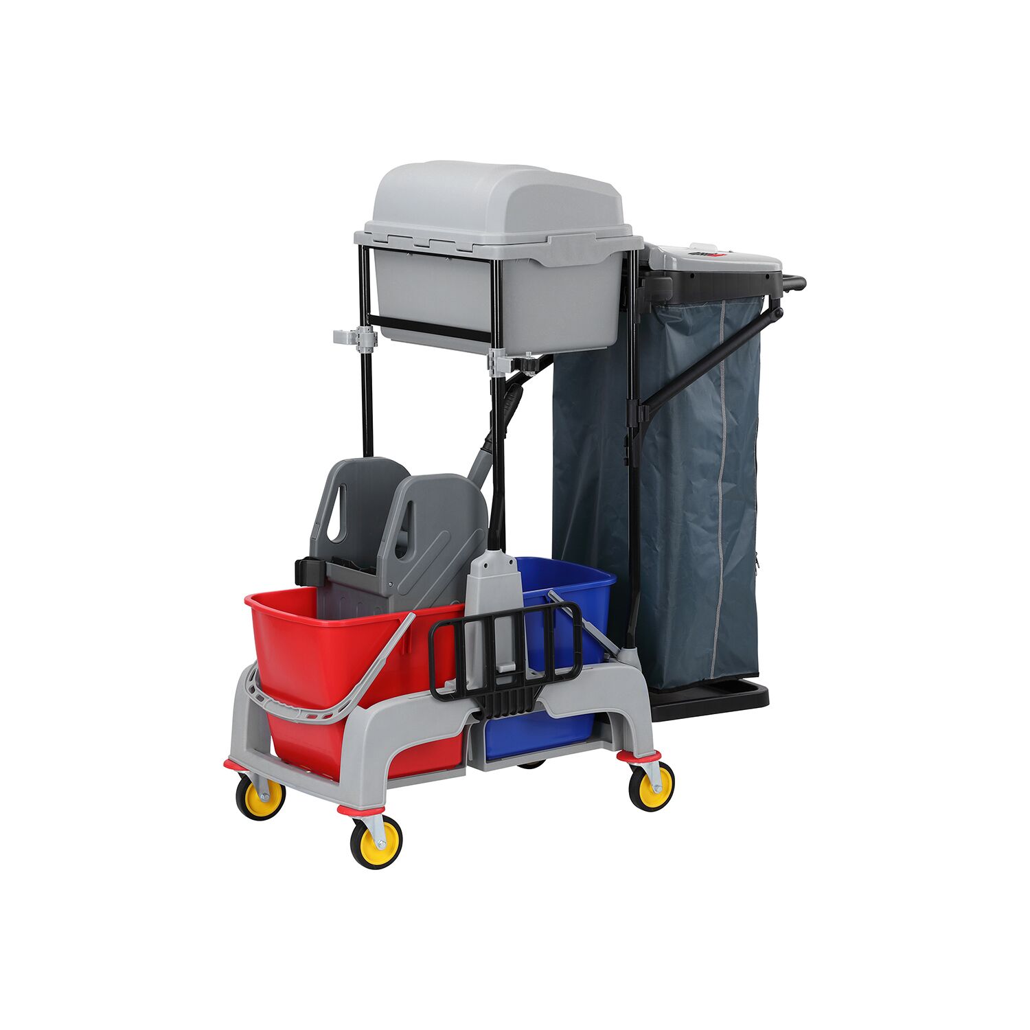 Chariot de nettoyage - ouvert - 2 seaux, presse à mop, sac à linge & étagère avec couvercle