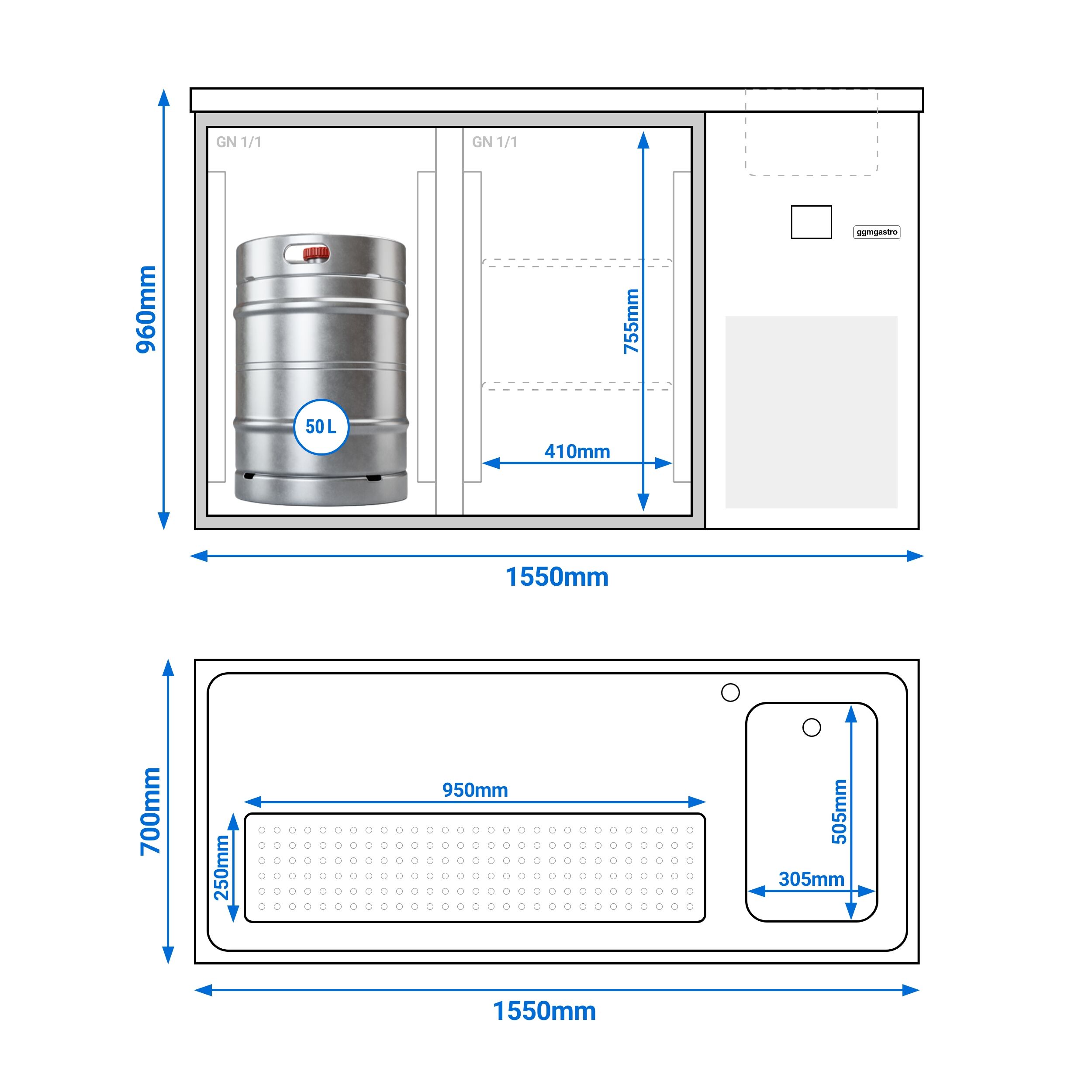 Comptoir de bar réfrigéré PREMIUM - 1550x700mm - 2 portes vitrées