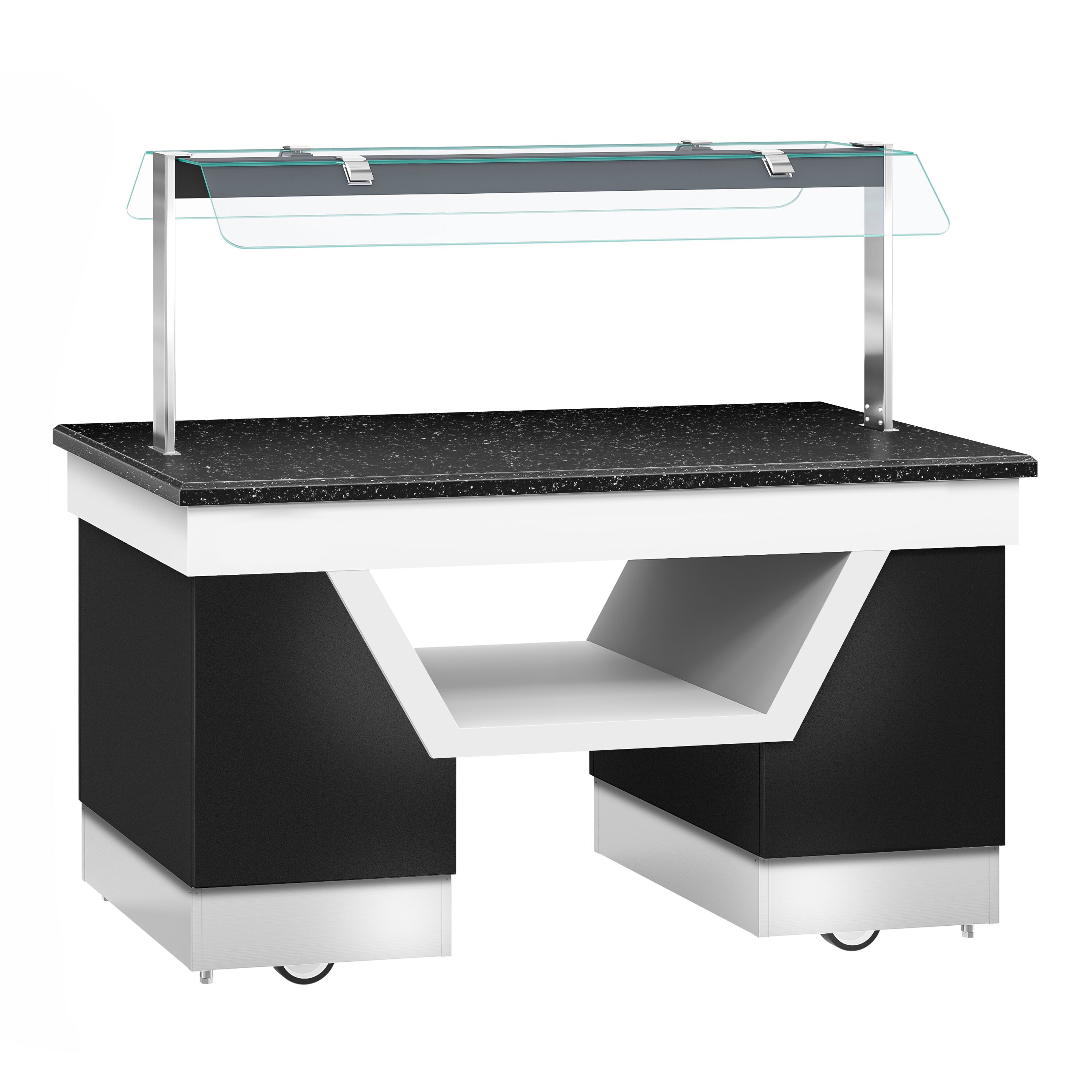 Refrigerated Buffet Display BELFAST - 1600mm - with Refrigerated Frost Top + Flat Glass Sneeze Guard - on Castors - Black
